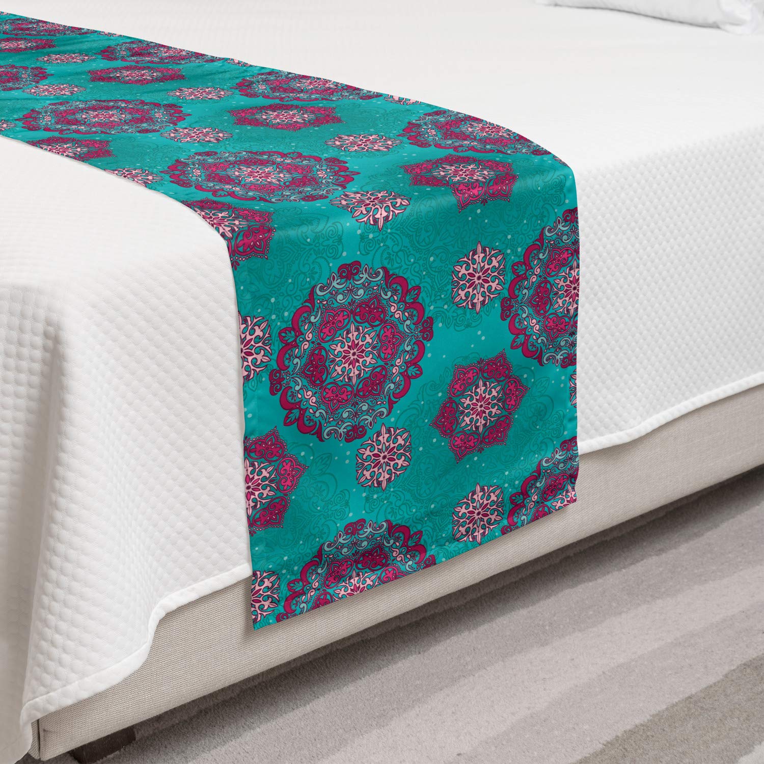 Ambesonne Victorian Bed Runner - Floral Boho Mandala Pattern Bed Scarf | Decorative Accent Bedding for Twin Beds in Pale Pink & Turquoise | Perfect for Hotels, Homes & Guest Rooms | Adds Elegance to Bedroom Decor