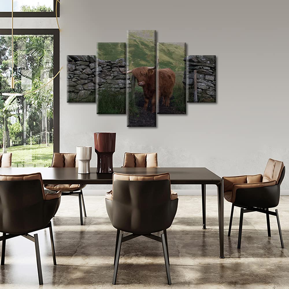 TUMOVO Highland Cow Wall Art Set - 5 Piece Modern Animal Wall Decor for Living Room, Bedroom & Home - Wooden Framed Stretched Canvas Ready to Hang (60''W x 40''H) - Perfect for Farmhouse, Rustic & Western Style Interior Design