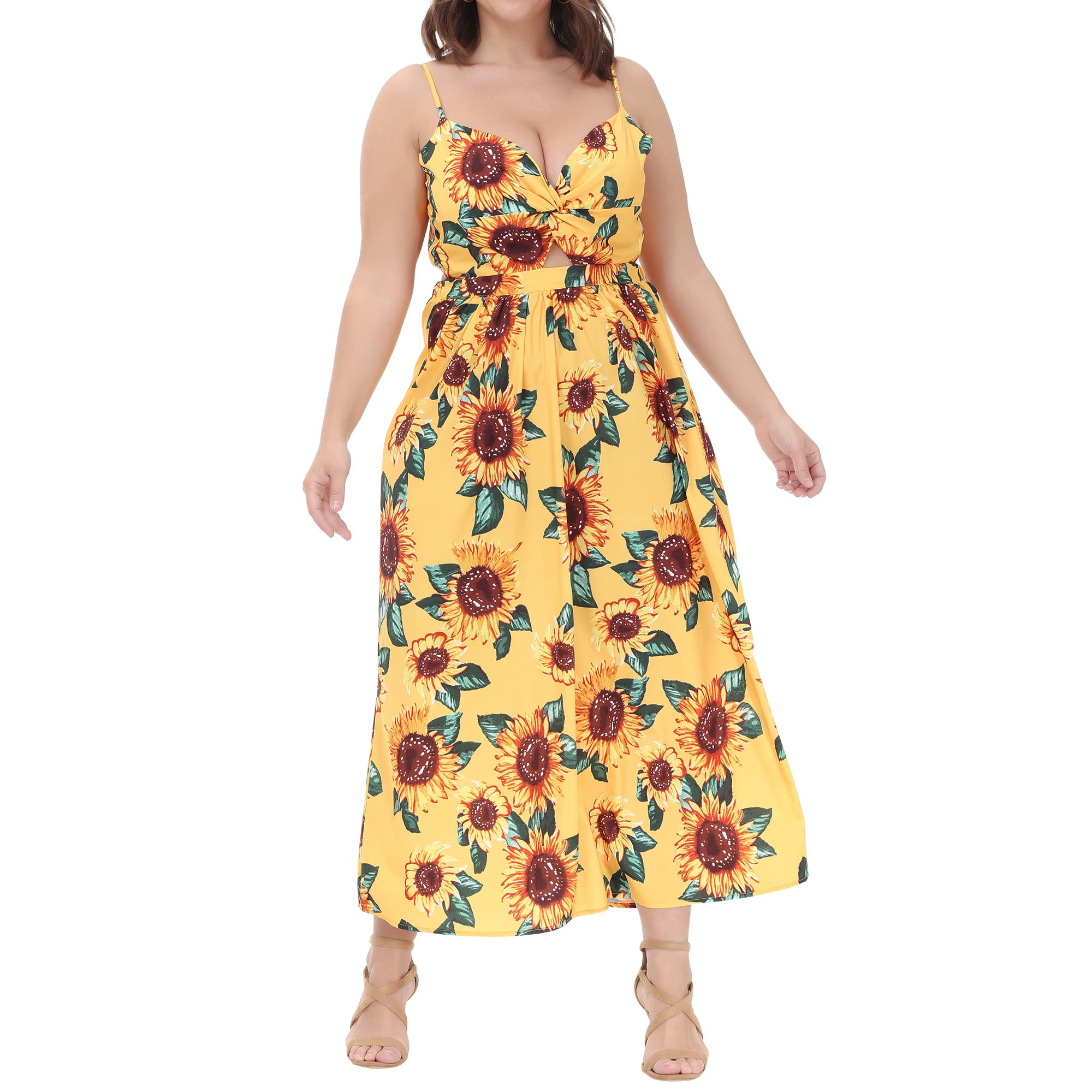 Willotis Women's Plus Size Hawaiian Luau Dress - Tropical Floral Spaghetti Strap Summer Maxi Dress for Beach Vacation, Pool Party & Tropical Getaway