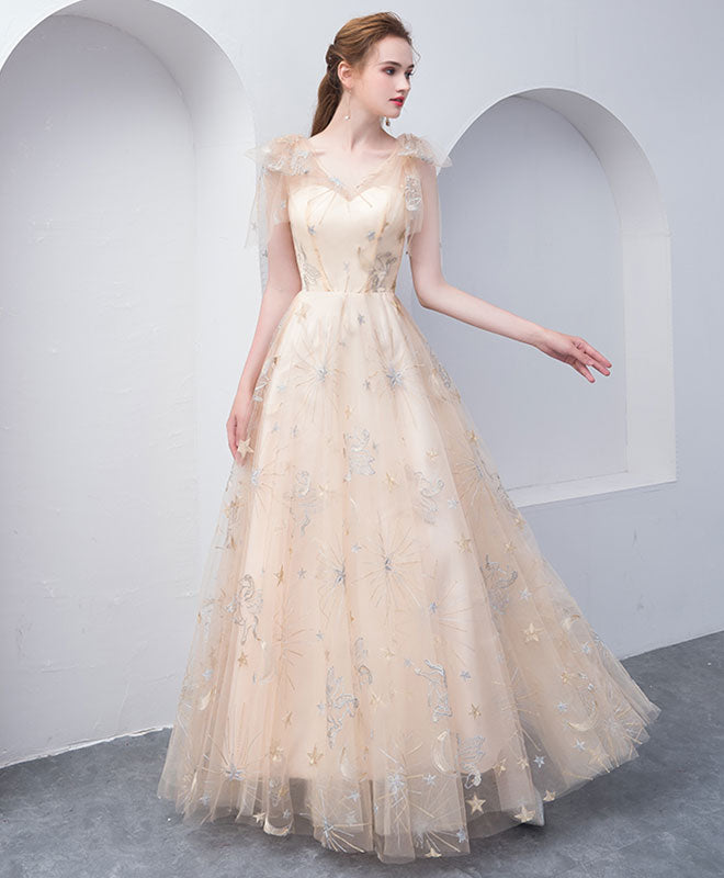 Elegant Champagne Tulle Long Prom Dress for Women - Formal Evening Gown for Homecoming, Ball & Special Occasions