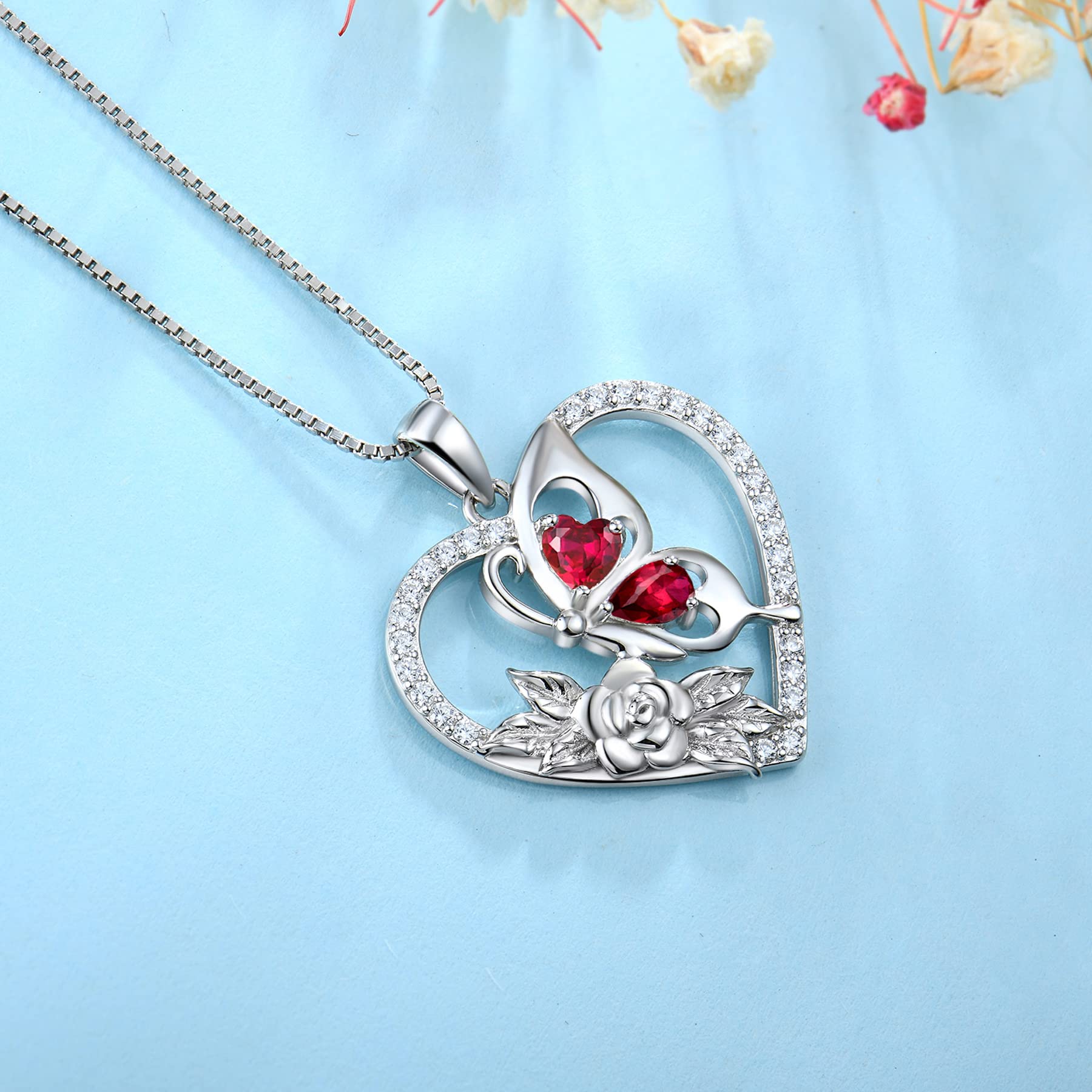 YL Butterfly Necklace for Women - 925 Sterling Silver Flower Rose Pendant with Birthstone Halo | Elegant Jewelry Gift for Birthday, Anniversary & Valentine's Day
