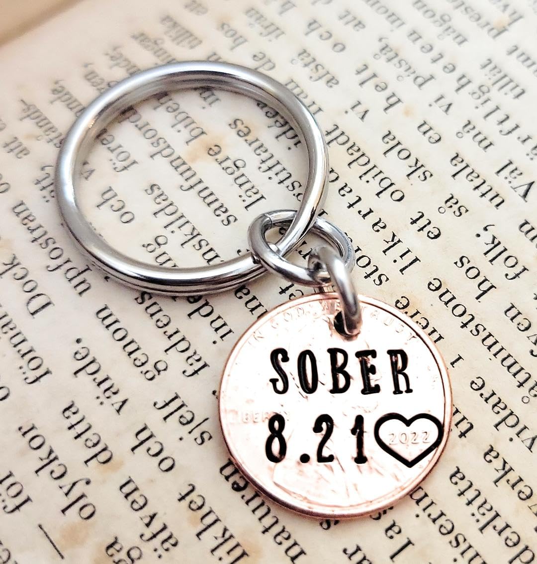 Personalized SOBER Sobriety AA NA Anniversary Keychain - Recovery Coin & Lucky Penny Gift for Clean & Sober Life - Perfect for 1 Year, 5 Year, 10 Year Milestones in Addiction Recovery Programs