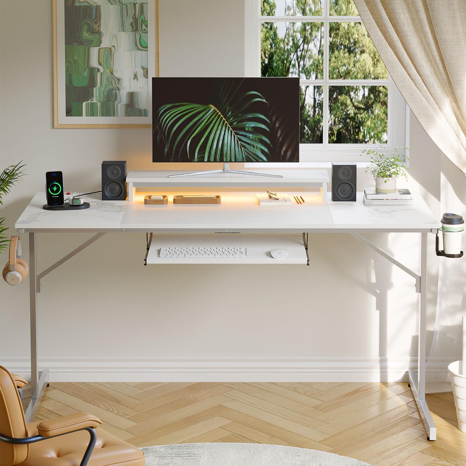 Bestier 63 Inch LED Gaming Desk with Power Outlets - Ergonomic Computer Desk with Adjustable Laptop Stand & Keyboard Tray - Modern Home Office PC Desk with Headset Hook (Carbon Fiber/Marble White) - Perfect for Gaming Setup, Workstation & Small Space Home Office