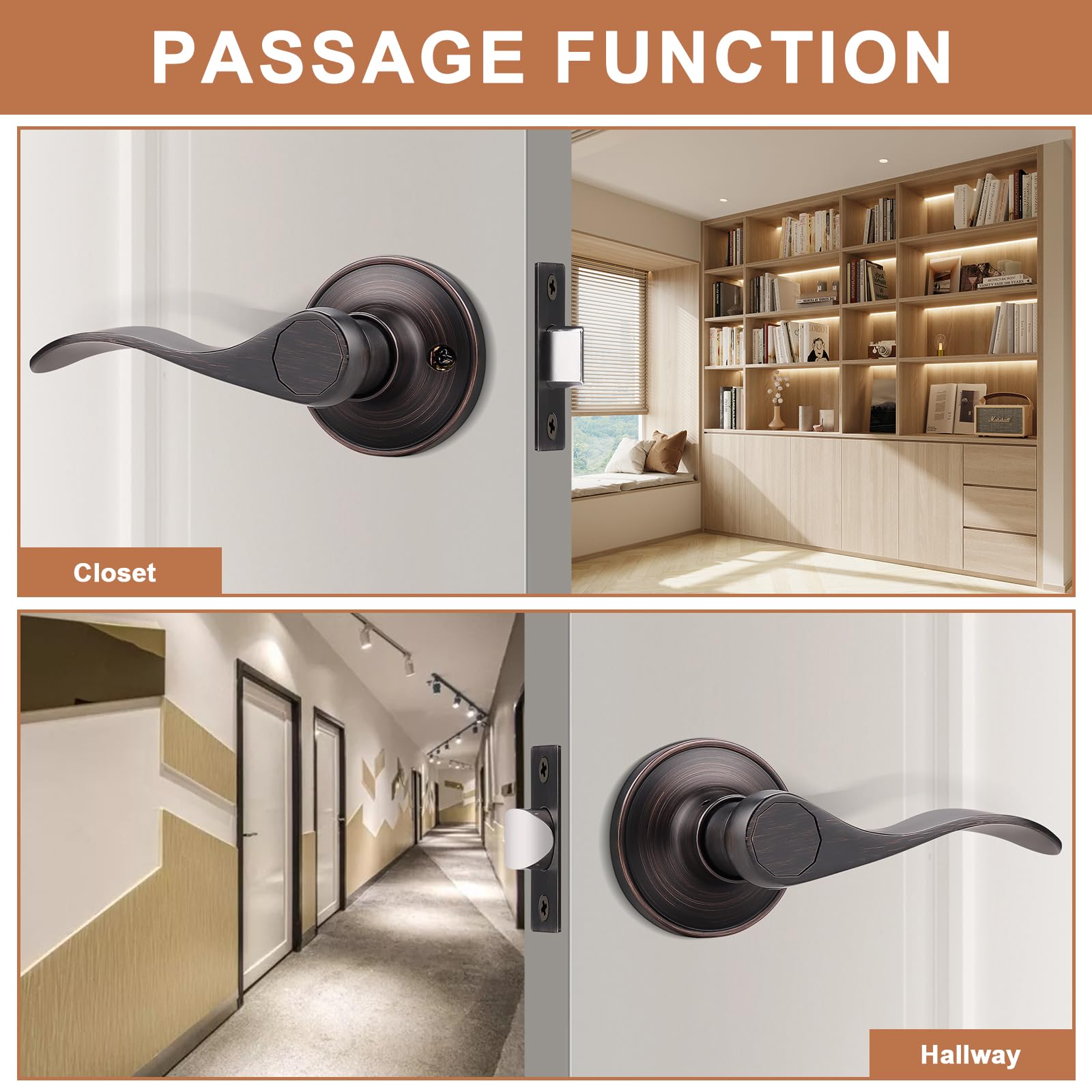 5 Pack Non-Locking Passage Door Lever Set - Oil Rubbed Bronze Wave Design for Hallways & Closets - Reversible Right/Left Handed Keyless Entry - Perfect for Bedrooms, Bathrooms & Interior Doors