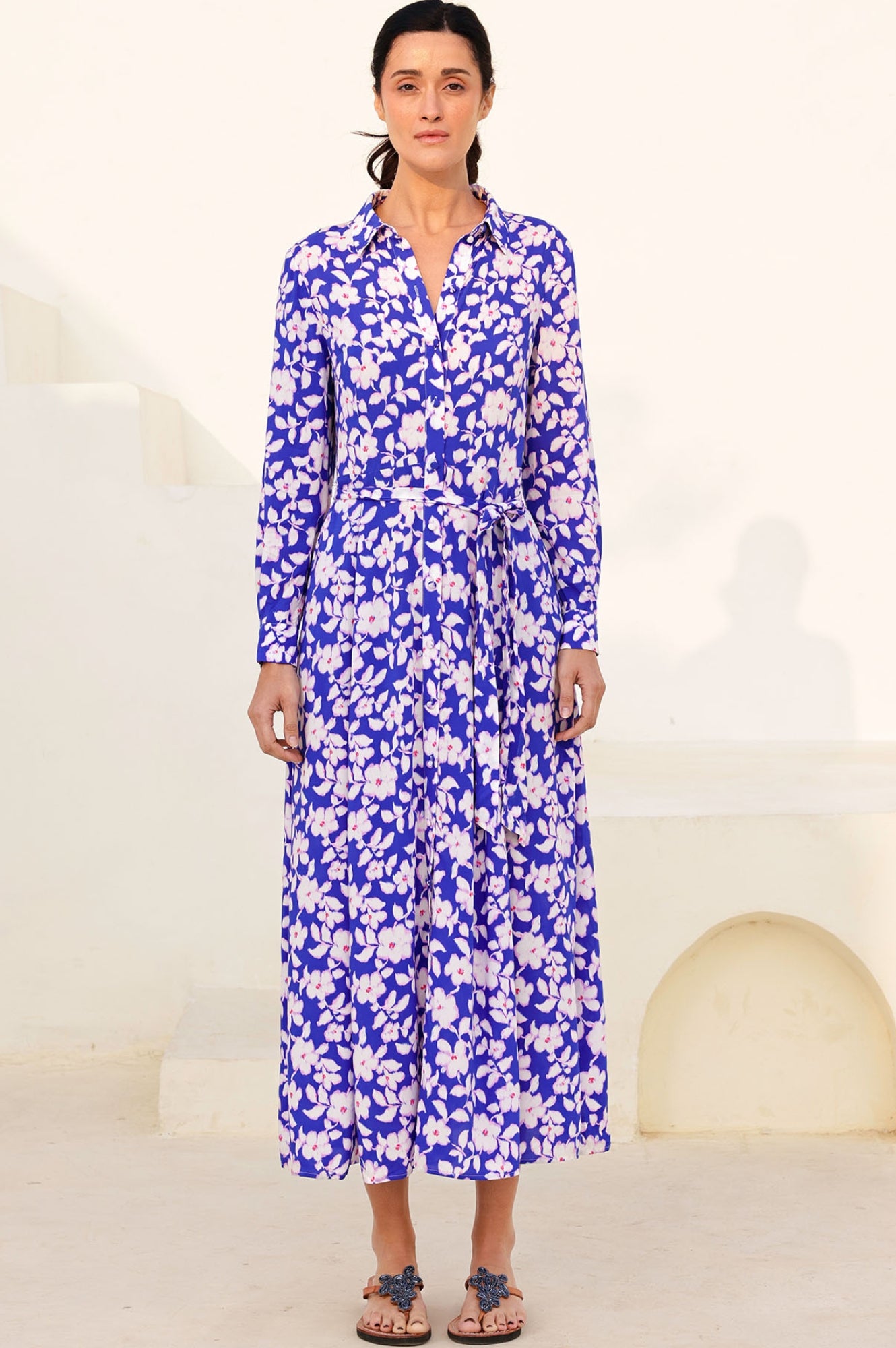 Eliza EcoVero™ Shirt Dress for Women - Blossom Cobalt & Pink Floral Print | Sustainable Viscose Wrap Dress | Perfect for Office, Date Night & Summer Outings