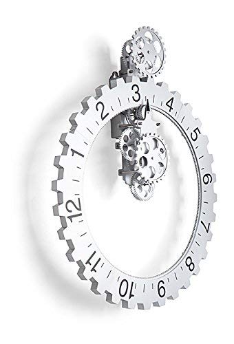Kikkerland Big Wheel Revolving Wall Clock - Silver Metal Retro Style Decorative Clock for Home, Office & Kitchen | Silent Non-Ticking Battery Operated