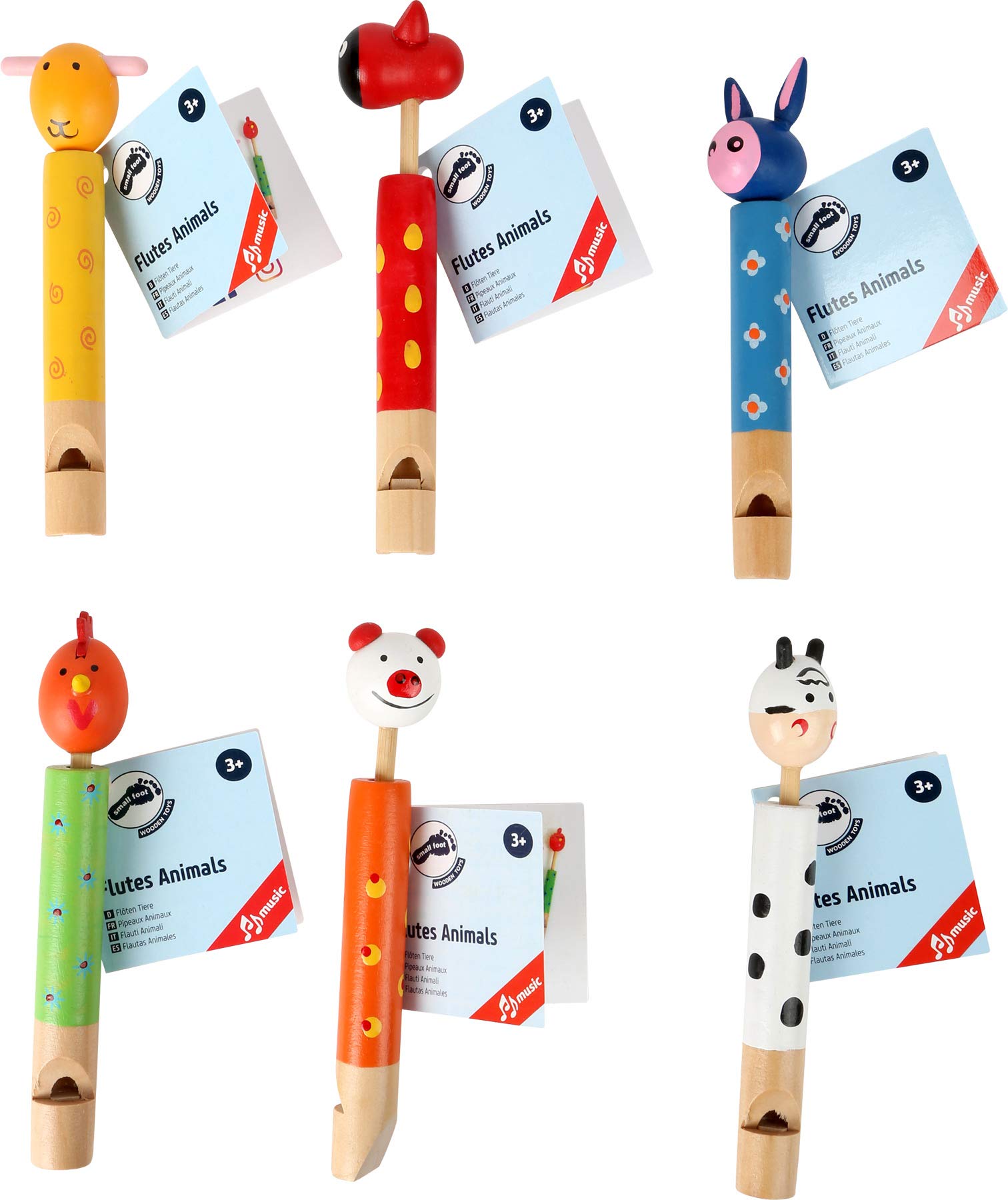 Small Foot Flautas de Animales de Madera - Set de 6, Multicolor, 3.5 x 2 x 12 cm - Juguete Educativo para Niños a Partir de 3 Años, Ideal para Cumpleaños, Regalos Pequeños y Actividades en Grupo