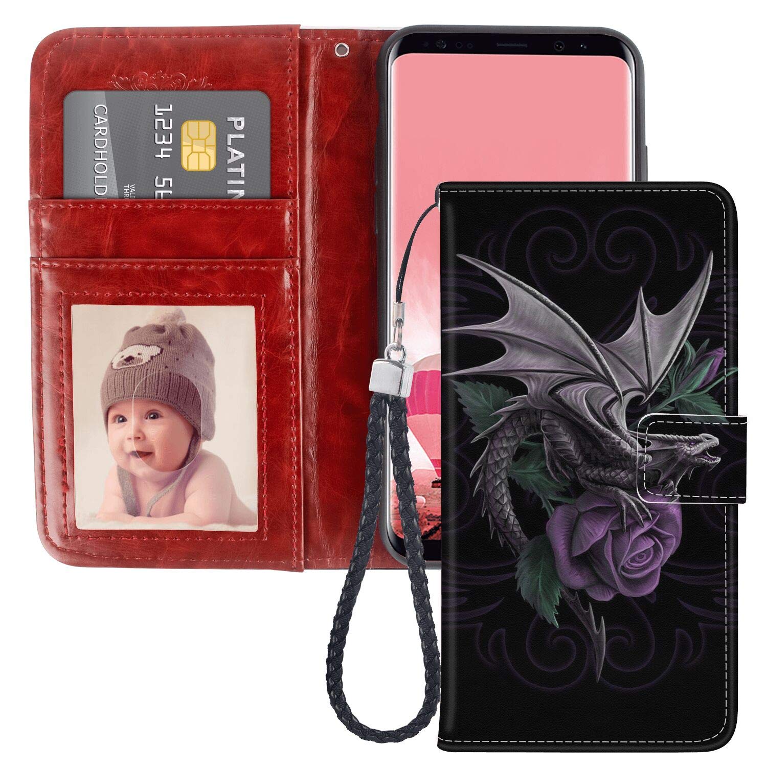 Samsung Galaxy S8 Wallet Case - PU Leather Card Holder with Kickstand & Wrist Strap, Dragon Rose Design | Slim Protective Phone Cover for Samsung Galaxy S8 | Perfect for Work, Travel & Everyday Use