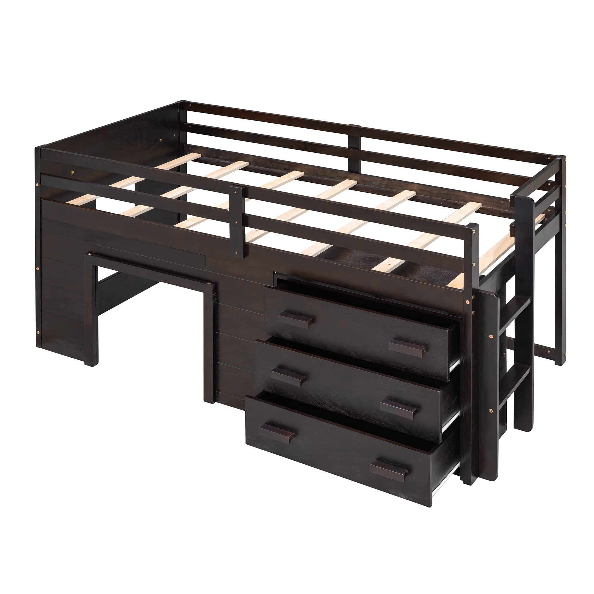 Bellemave Low Loft Bed with 3 Drawers & Cabinet - Twin Size Wooden Farmhouse Style Loft Bed Frame with Bedside Tray for Kids, Teens, Boys & Girls (Espresso) - Perfect for Small Bedrooms, Dorm Rooms & Space-Saving Kids' Rooms