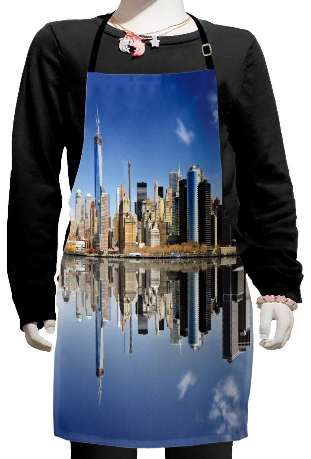 Ambesonne New York City Apron - Manhattan Skyline Silhouette with Skyscrapers, Adjustable Ties for Cooking, Baking & Painting - Small Size Multicolor Kitchen Apron - Perfect for Home Chefs, Artists & NYC Lovers