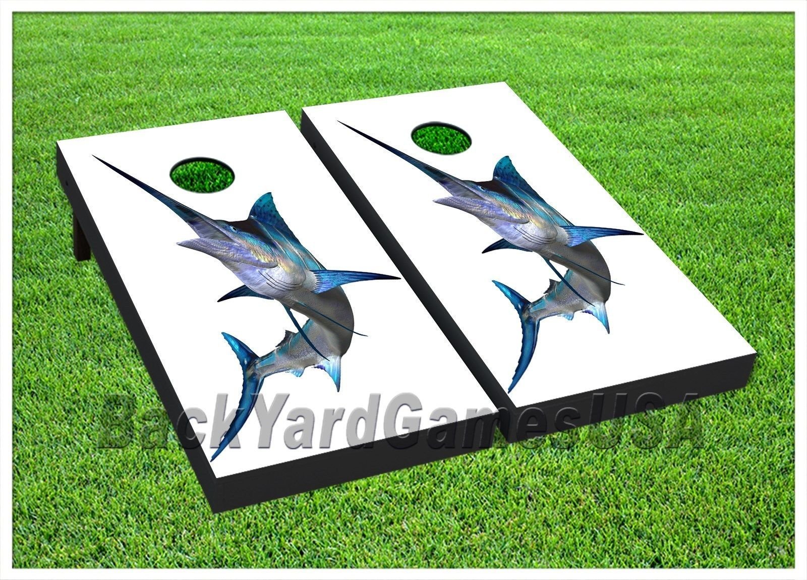 Premium Blue Marlin Fish Cornhole Boards Set with 8 Bean Bags - Outdoor Lawn Game for Backyard, Tailgating, Beach & Fishing Enthusiasts - Perfect Gift for Anglers & Game Lovers