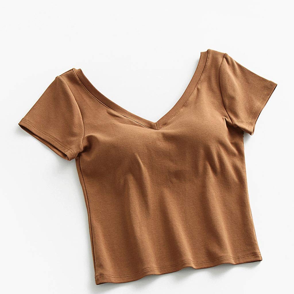 TWDYC Women's Built-in Bra Padded Stretch Push-Up T-Shirt - Sexy V-Neck Crop Top Short Sleeve Casual Shirt (Brown, Size L) | Perfect for Yoga, Gym Workouts & Summer Outfits