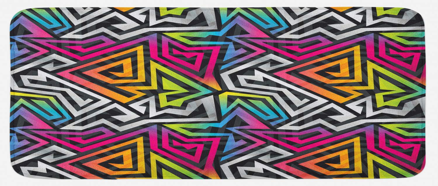 Ambesonne Urban Graffiti Kitchen Mat - Colorful Rainbow Labyrinth Design with Bold Lines & Non-Slip Backing, 47x19 Inch Plush Decorative Rug for Kitchen, Dining Room & Entryway - Vibrant Multicolor Home Decor