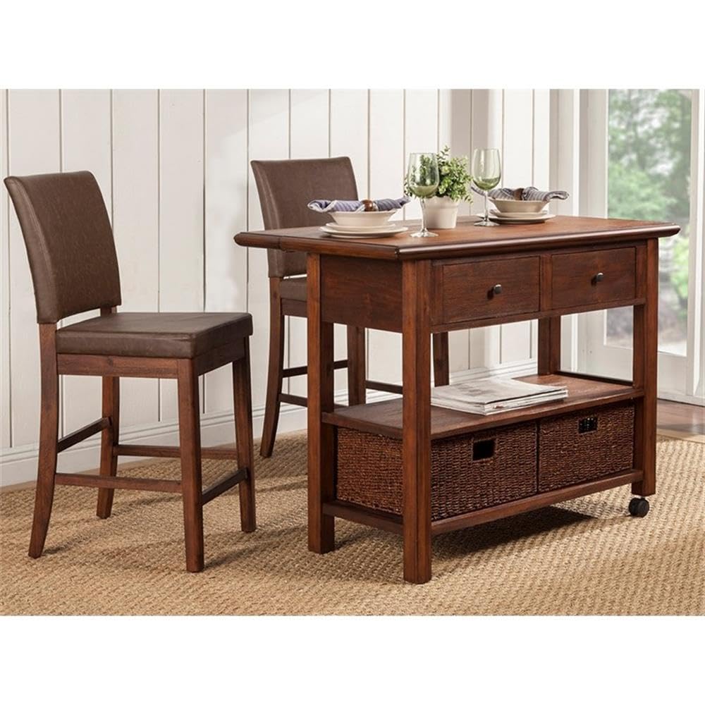 Alpine Furniture Caldwell Wood Kitchen Cart in Antique Cappuccino Brown - Portable Kitchen Island with Wheels for Small Spaces, Perfect for Dining Room, Pantry or Outdoor Entertaining