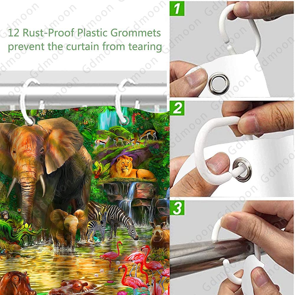 Forest Animal Shower Curtain - Waterproof 72x72 Inch Rainforest Jungle Bath Curtain with 12 Hooks, Featuring Giraffe Elephant Leopard Tropical Safari Design for Kids & Adults - Perfect for Bathroom Decor, Nursery, and Jungle Theme Parties