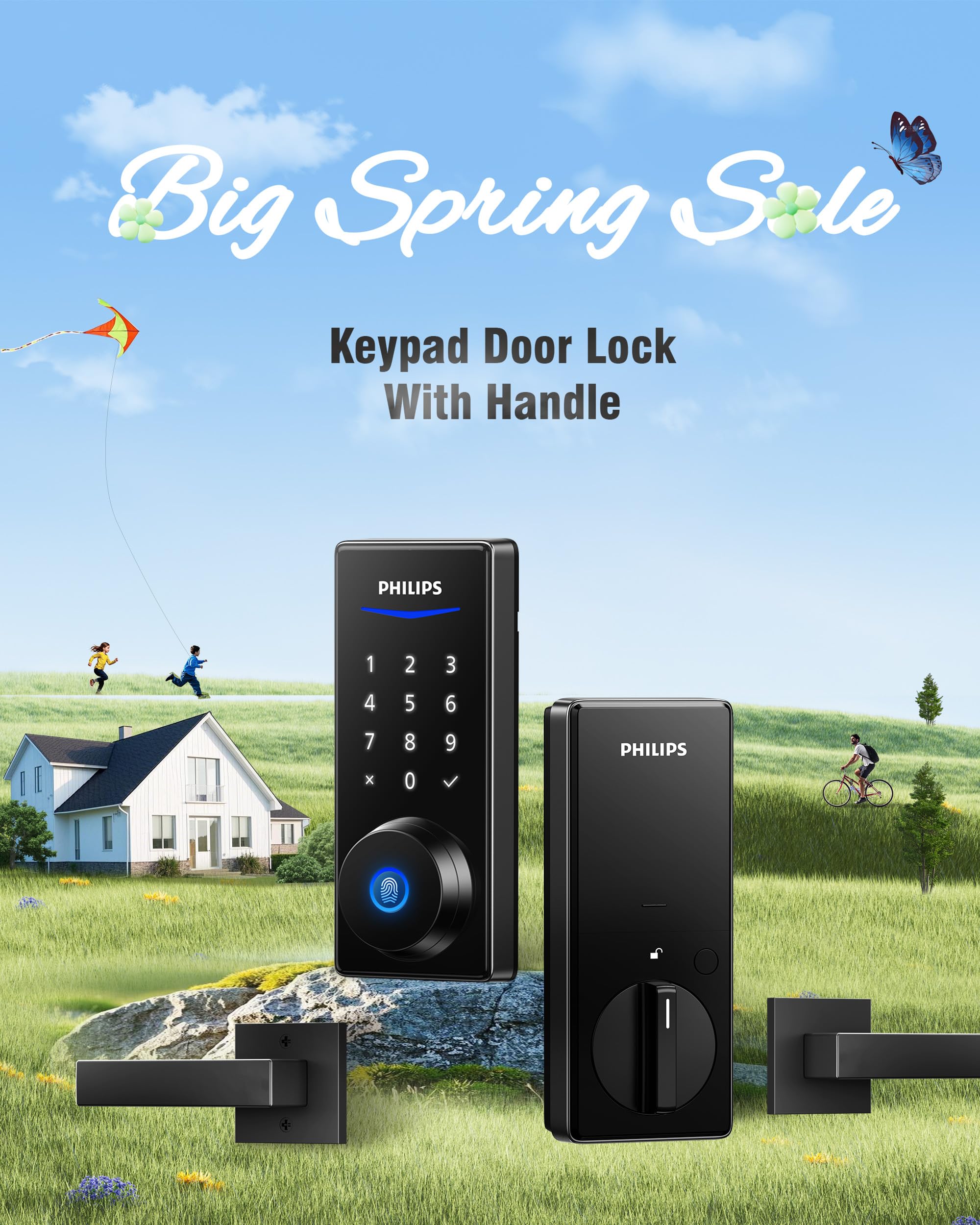 Philips Smart Fingerprint Door Lock Set - Keyless Entry with 2 Lever Handles, Auto Locking, Touchscreen Keypad & Backup Key - Secure Electronic Front Door Lock for Homes & Apartments - Perfect for Modern Smart Home Security & Convenient Keyless Access