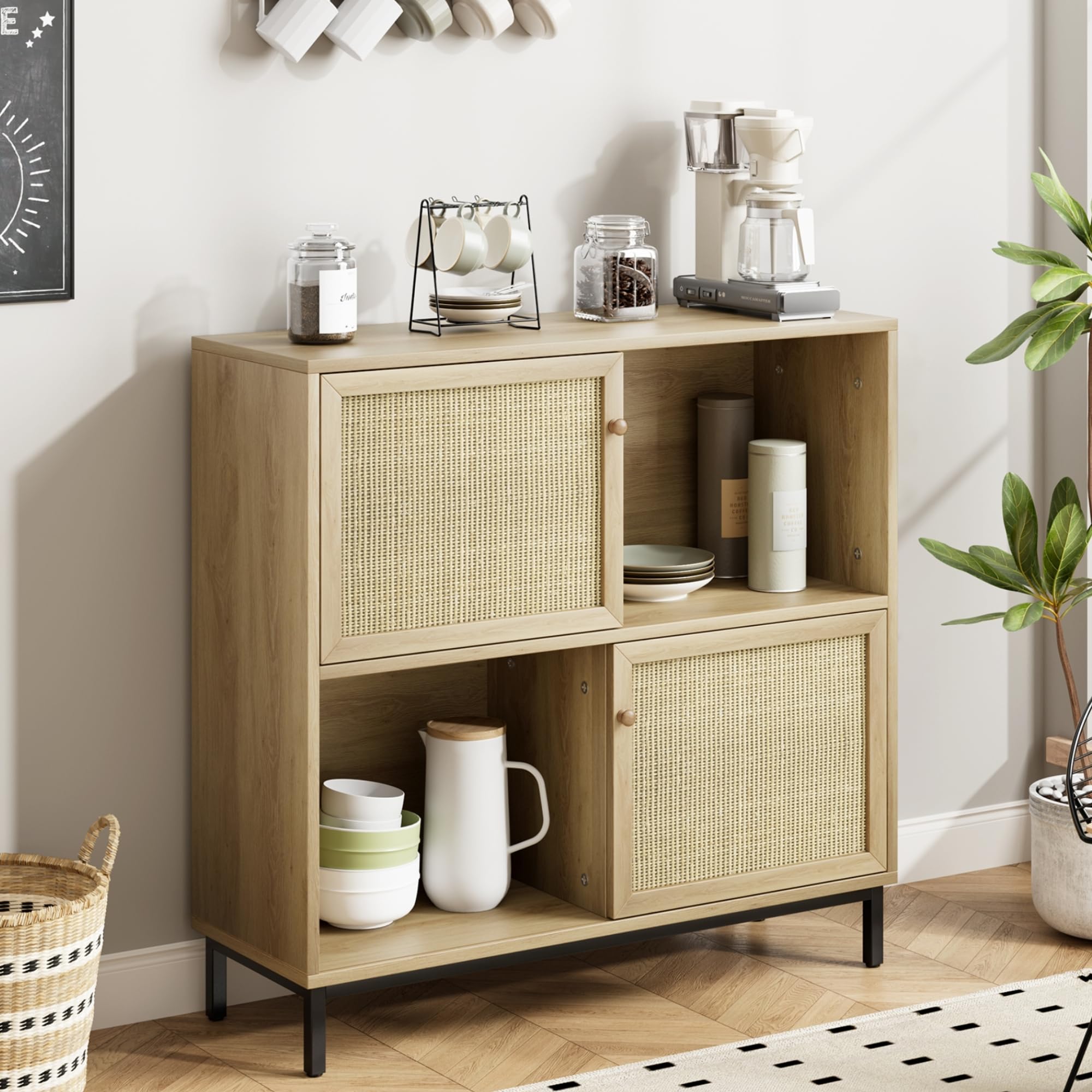 GAOMON Coffee Bar Cabinet - Rattan Sideboard Buffet with Sliding Doors, Wood Wine Liquor Storage Cabinet with 4 Display Cubes - Perfect for Living Room, Kitchen & Dining Room - Ideal for Home Entertaining & Stylish Storage Solutions