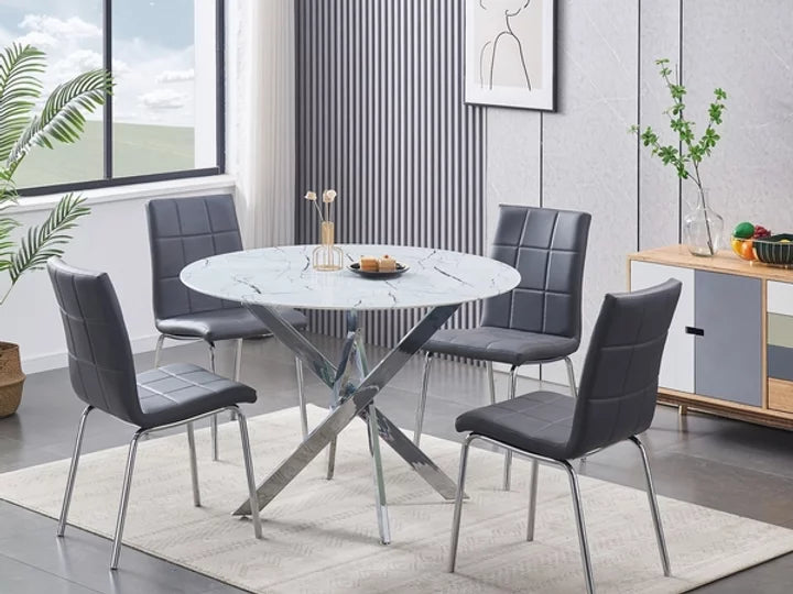 5-Piece White Glass Marble Dining Table Set with Chairs - Model #1445 | Modern Kitchen & Dining Room Furniture for Small Spaces | Perfect for Apartments, Condos and Breakfast Nooks