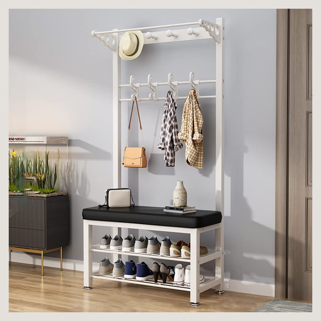 YAWEDA 4-in-1 Hall Tree Coat Rack with Shoe Storage Bench - 16 Hooks Entryway Organizer, Industrial Metal Frame Shoe Bench for Mudroom & Foyer - Easy Assembly Home Furniture for Small Spaces & Apartments