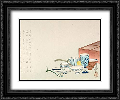 Elegant Porcelain Tea Cups Set of 24 with 20x24 Black Ornate Frame - Double Matted Museum Quality Art Print by Shibata Zeshin | Perfect for Home Decor, Tea Ceremonies, and Gift Giving