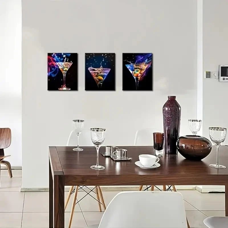 3-Piece Sparkling Wine & Cocktail Metal Wall Art Prints - Ready to Hang Bar Decor for Home, Kitchen & Party Entertaining
