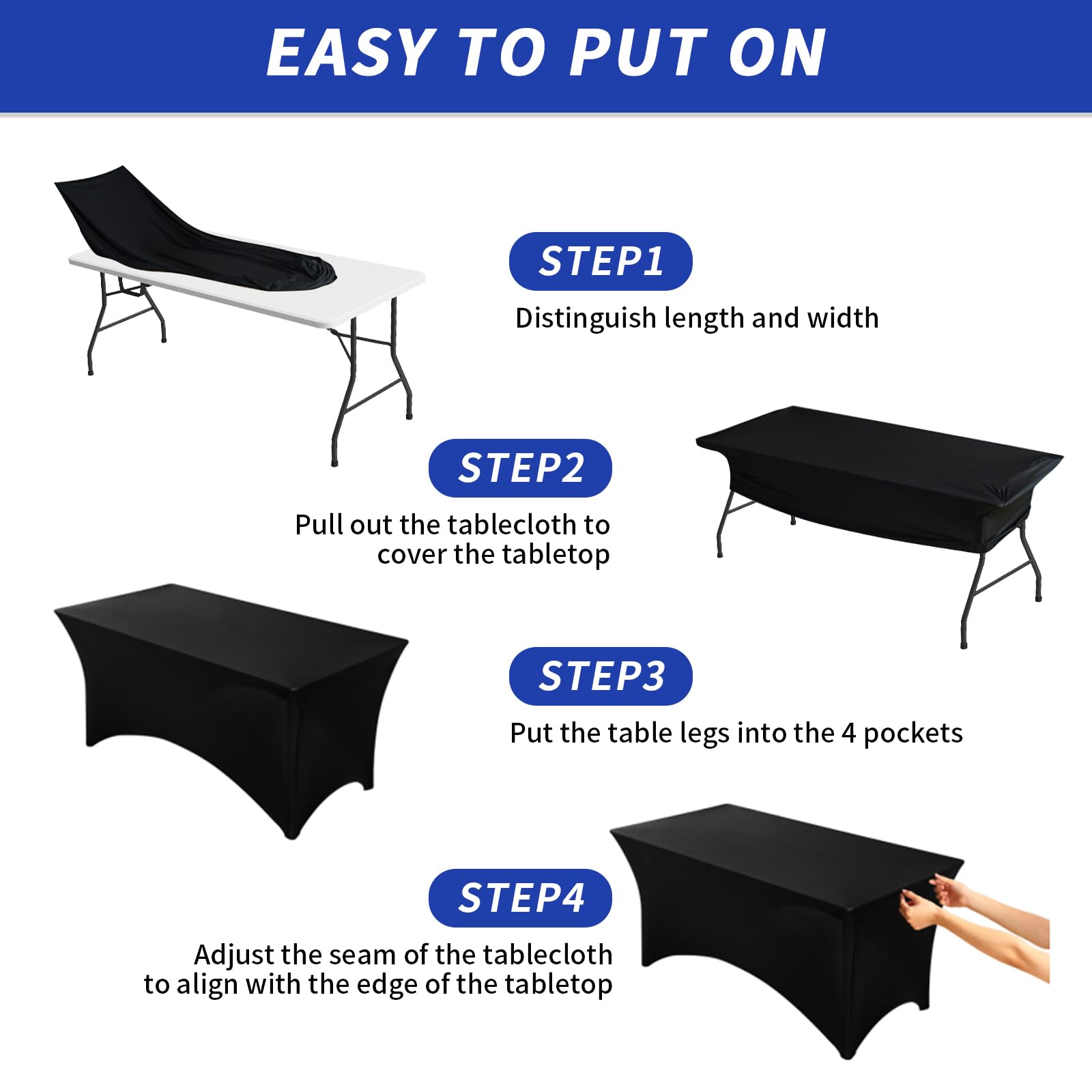 Fixwal 6FT Stretch Spandex Tablecloth for Rectangle Table - 2 Pack Black Fitted Table Covers for Party, Wedding, Banquet Decor | Washable & Wrinkle-Free | Perfect for Dining Room, Buffet Tables & Event Decorations