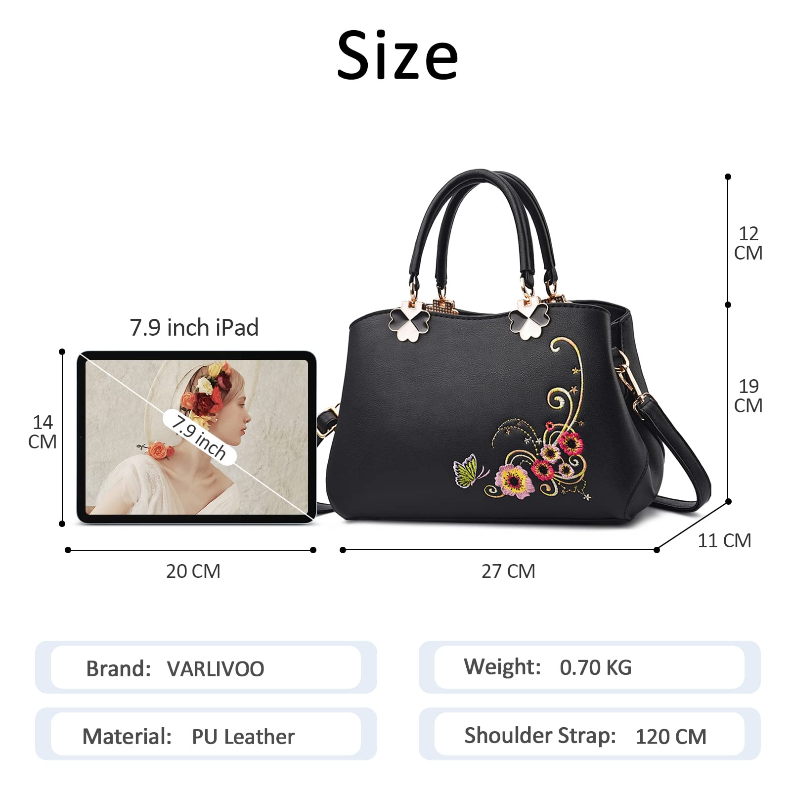 Elegant Women's Handbag - Top Handle Embroidery Shoulder Bag Crossbody Purse for Work, Travel & Shopping - PU Leather Black (Perfect for Office, Parties & Daily Use)