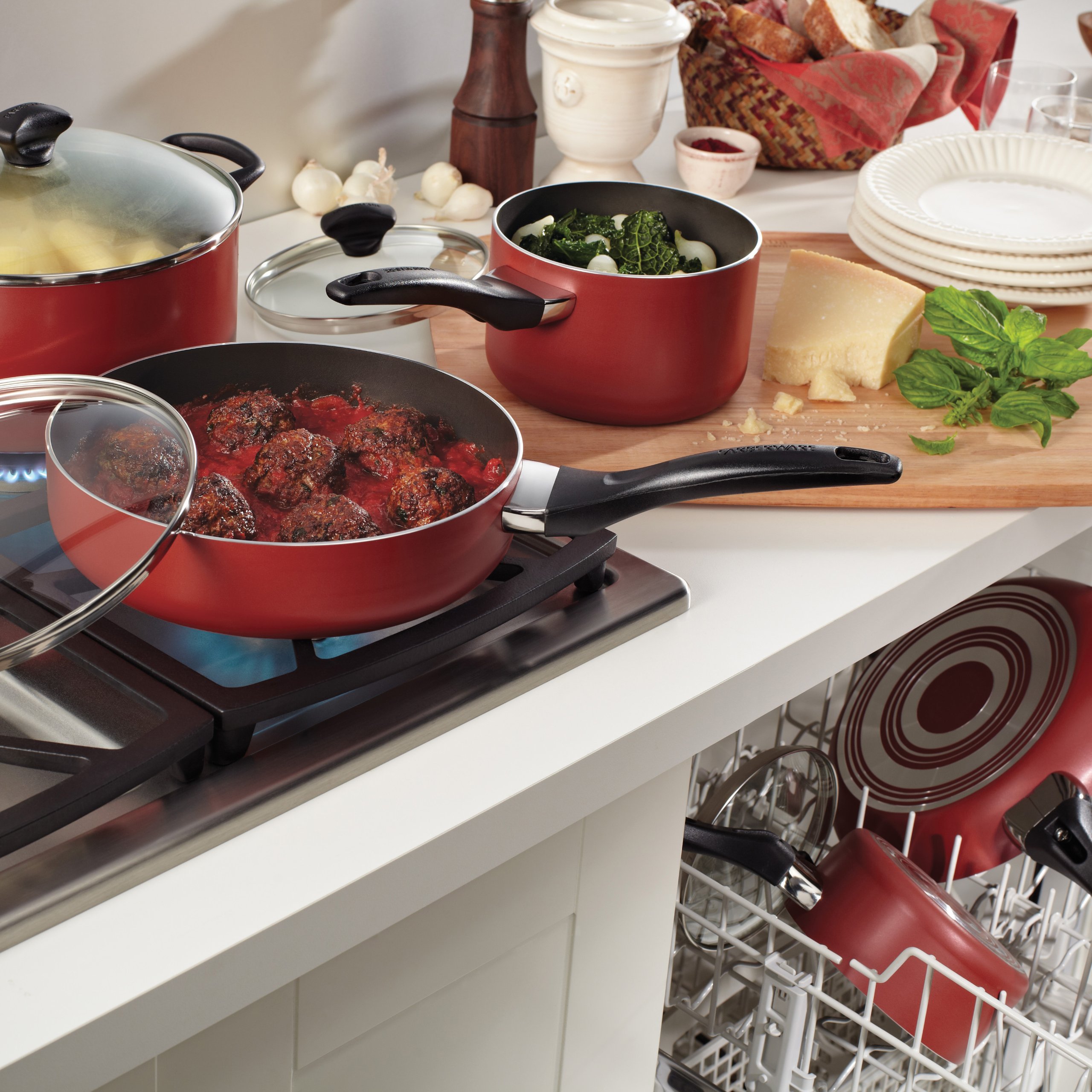Farberware Red 11-Piece Nonstick Cookware Set - Dishwasher Safe Pots, Pans & Baking Tools for Easy Cooking & Baking | Perfect for Home Kitchens & Professional Chefs
