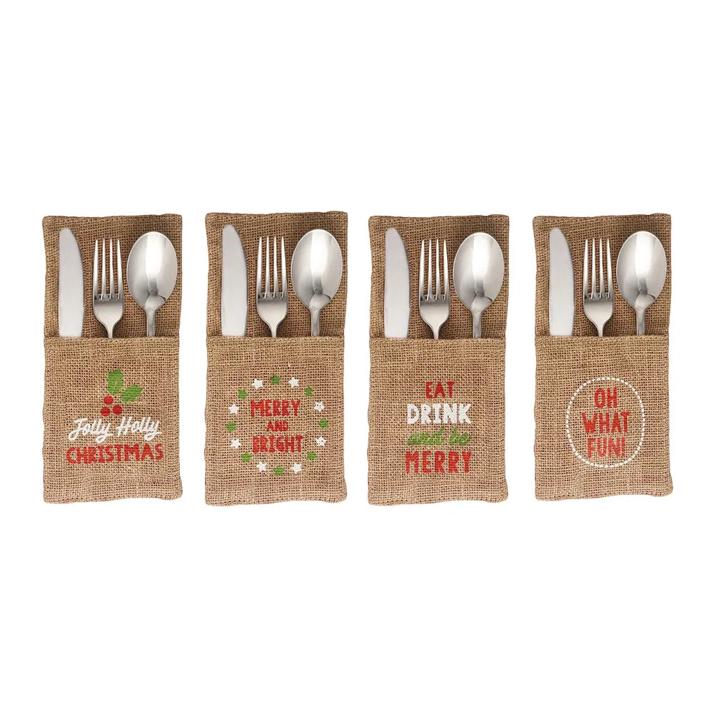 Eco-Friendly Christmas Jute Cutlery Holder Set of 4 - Knife Fork Spoon Organizer for Holiday Dining & Kitchen Storage