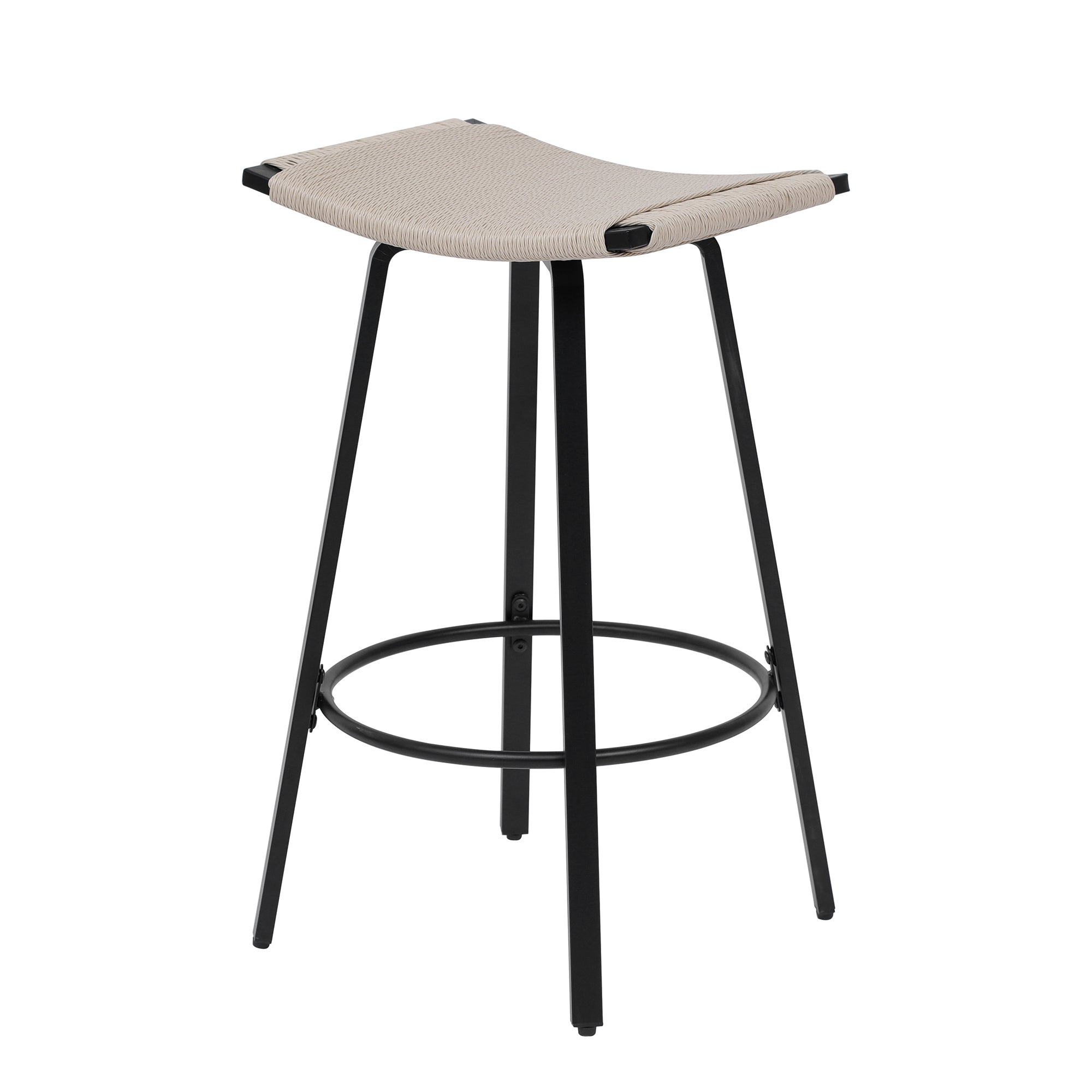 Handwoven PVC Counter Height Bar Stools Set of 2 - Backless Kitchen & Dining Chairs with Round Footrest - Indoor & Outdoor Pub Stools in Black & Creamy White - Perfect for Kitchen Islands, Breakfast Bars, and Outdoor Patios