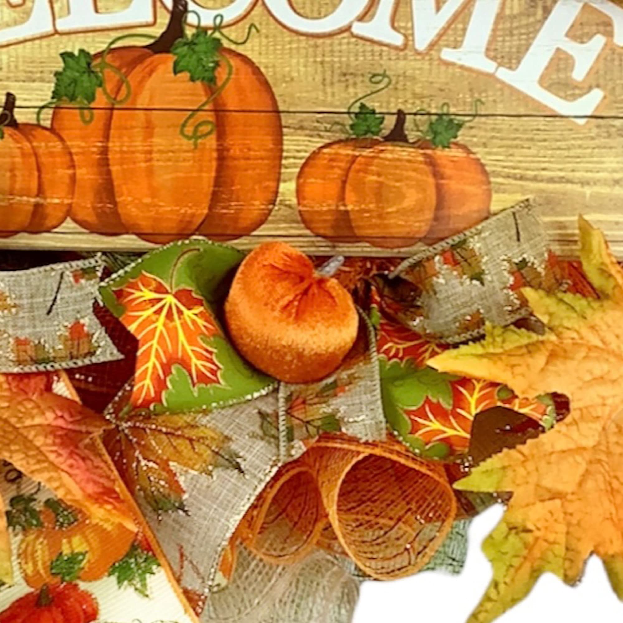 Handmade Autumn Wreath with Velvet Pumpkins & Fall Leaves - Rustic Front Door Decor for Thanksgiving, Halloween & Seasonal Home Decoration