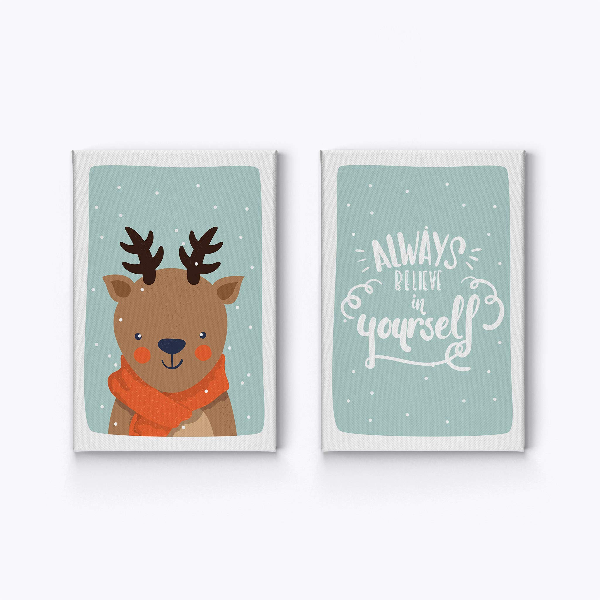Smile Art Design Cute Deer Winter Theme Canvas Prints - 2 Piece Turquoise Background Wall Art Set (40x30 Inches) for Kids Room Decor, Nursery, Baby Boy & Girl Bedroom - Made in USA | Perfect for Christmas Gifts & Cozy Winter Home Decor