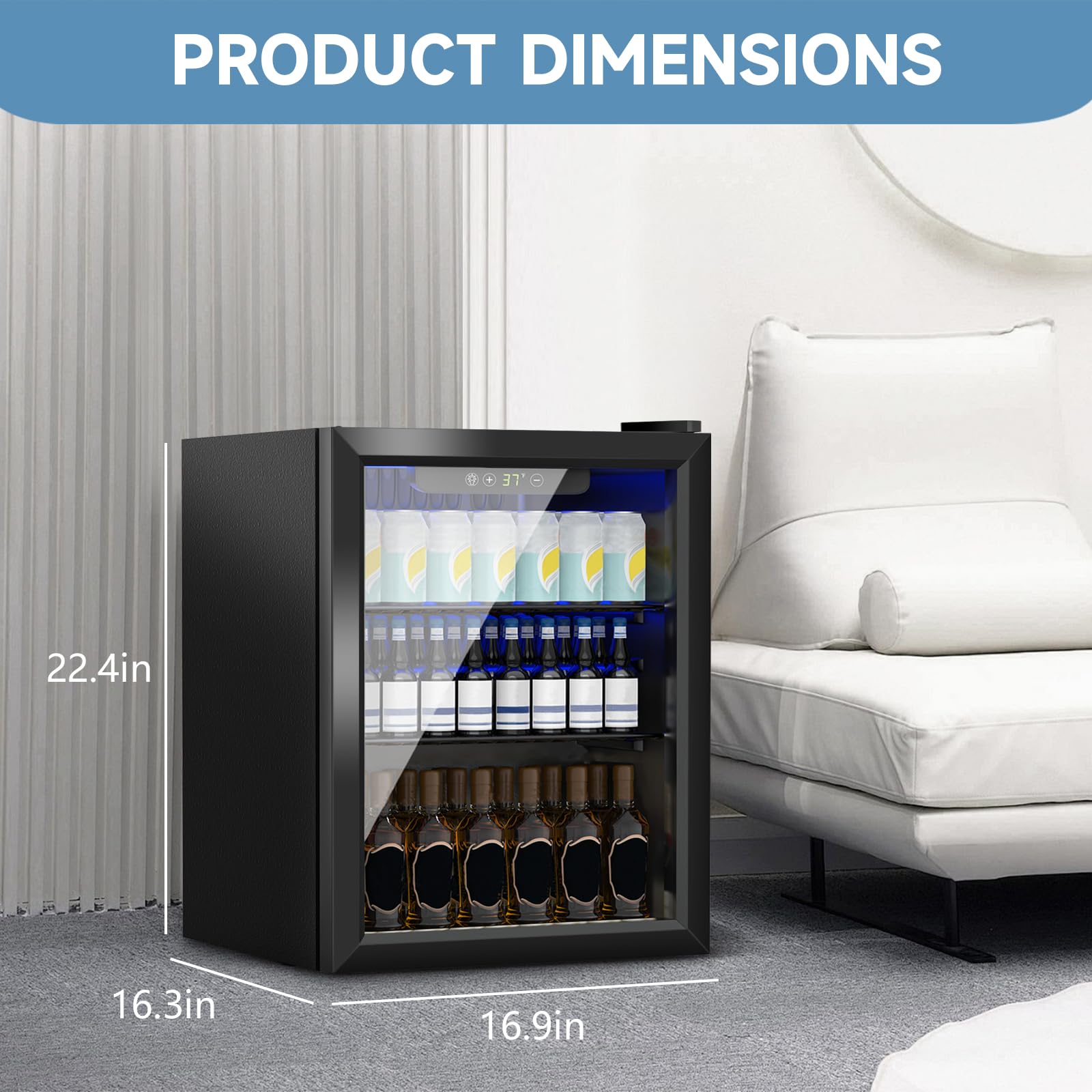 70 Can Mini Fridge Beverage Cooler - 1.6 Cubic Feet Compact Refrigerator with Glass Door & Digital Display, Adjustable Shelves for Soda Beer Wine - Perfect for Home Office Dorm Bar Kitchen (Black)
