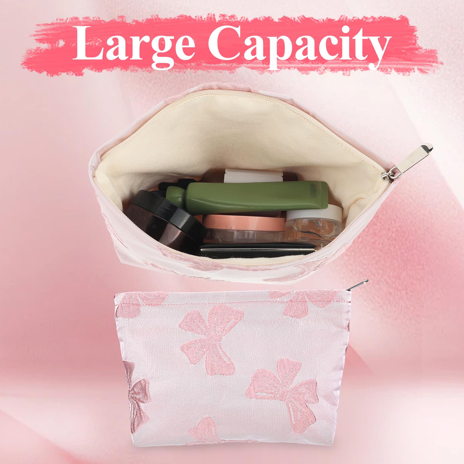 Elegant Bow Makeup Bag for Women - Large Capacity Cosmetic Organizer | Travel & Daily Use (Pink)