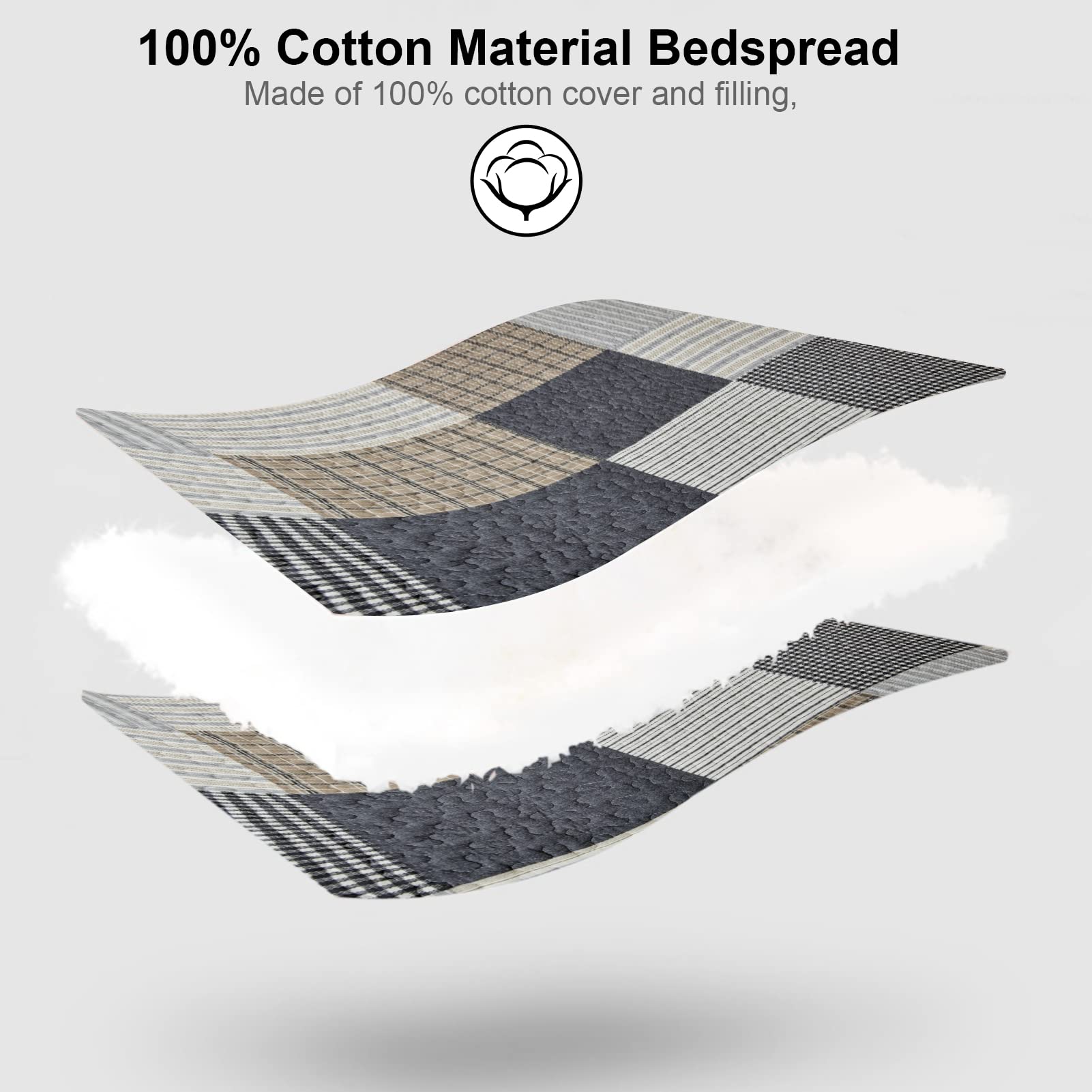 PANGUSHAN 100% Cotton Queen Size Quilt Set - Reversible Patchwork Plaid Bedding | Farmhouse Lightweight Comforter in Grey, Black, Tan, White & Cream | 3-Piece Bedspread for Cozy Home Decor & Guest Room Styling