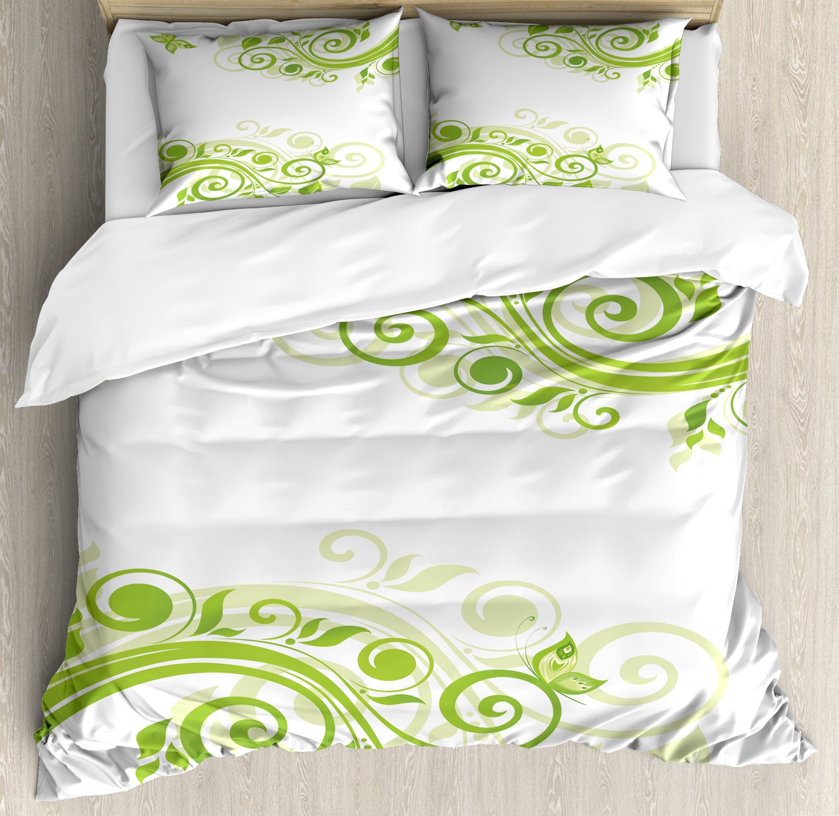 Ambesonne Green Duvet Cover Set - Floral Botanical Design with Curly Branches & Butterflies | 3-Piece Queen Size Bedding Set with 2 Pillow Shams in Apple & Pale Green | Perfect for Spring Bedroom Decor, Guest Room Makeover & Nature-Inspired Home Styling