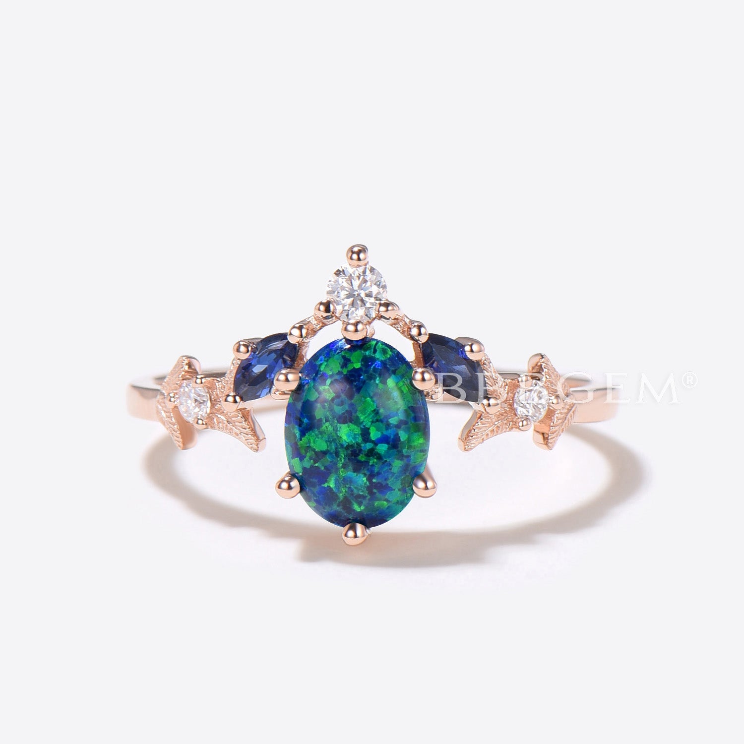 Oval Cut Black Opal Engagement Ring - Nature Inspired Leaf Design Bridal Set for Wedding & Proposal | Perfect for Nature Lovers & Unique Bridal Jewelry