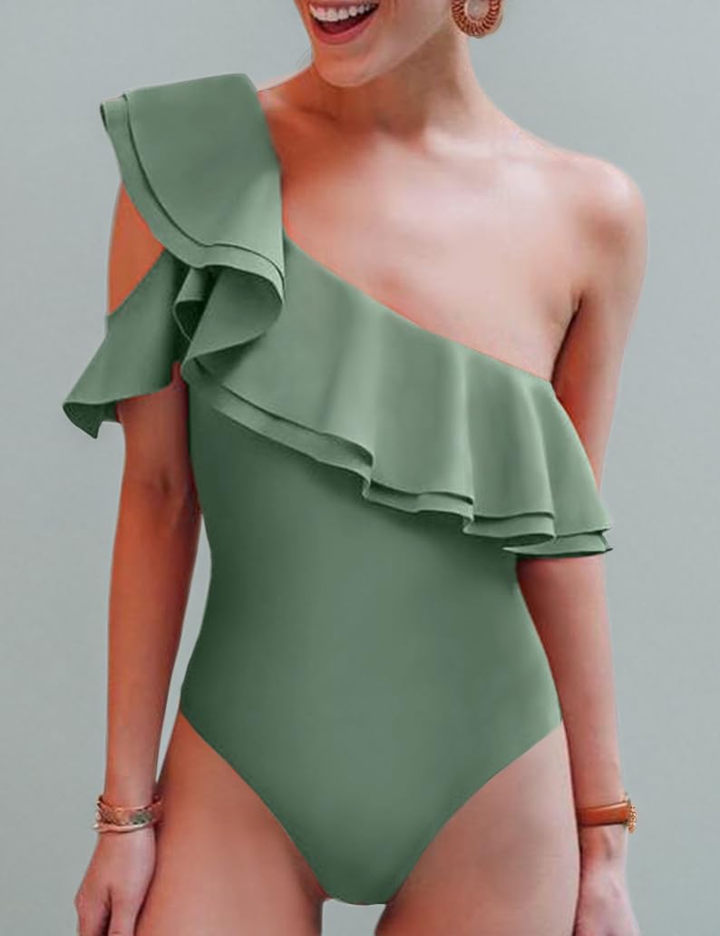 Hilor Women's One Shoulder Asymmetric One Piece Swimsuit with Ruffles - Sexy Bathing Suit for Beach, Pool Party & Vacation