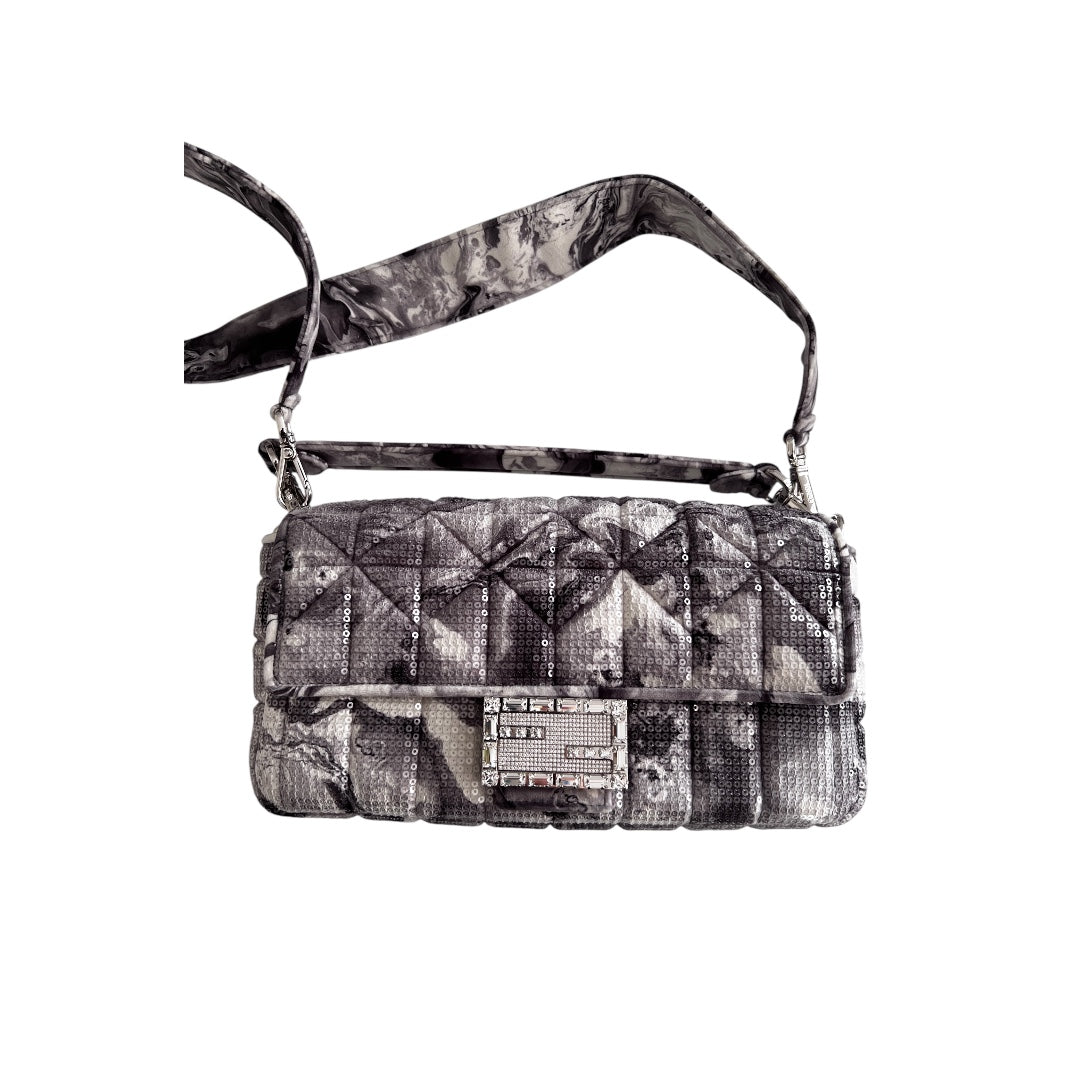 Fendi Marble Print Sequin Magnetic Buckle Baguette Bag - Stylish Clutch for Evening Parties, Weddings & Special Occasions