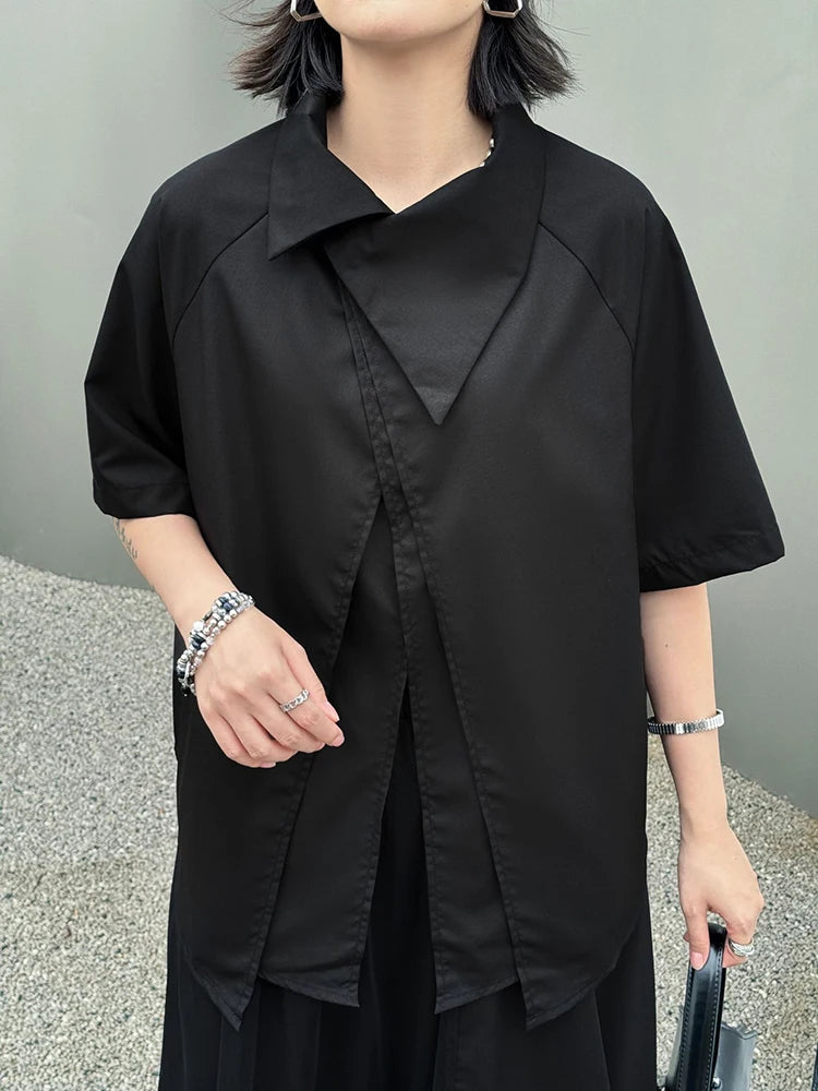 Oversized Black Asymmetrical Mesh Pantsuit Set - Fashionable Lapel Short Sleeve Two Piece Outfit for Women | Spring Summer 2025 Trendy Streetwear | Perfect for Casual Wear, Night Out & Fashion Events