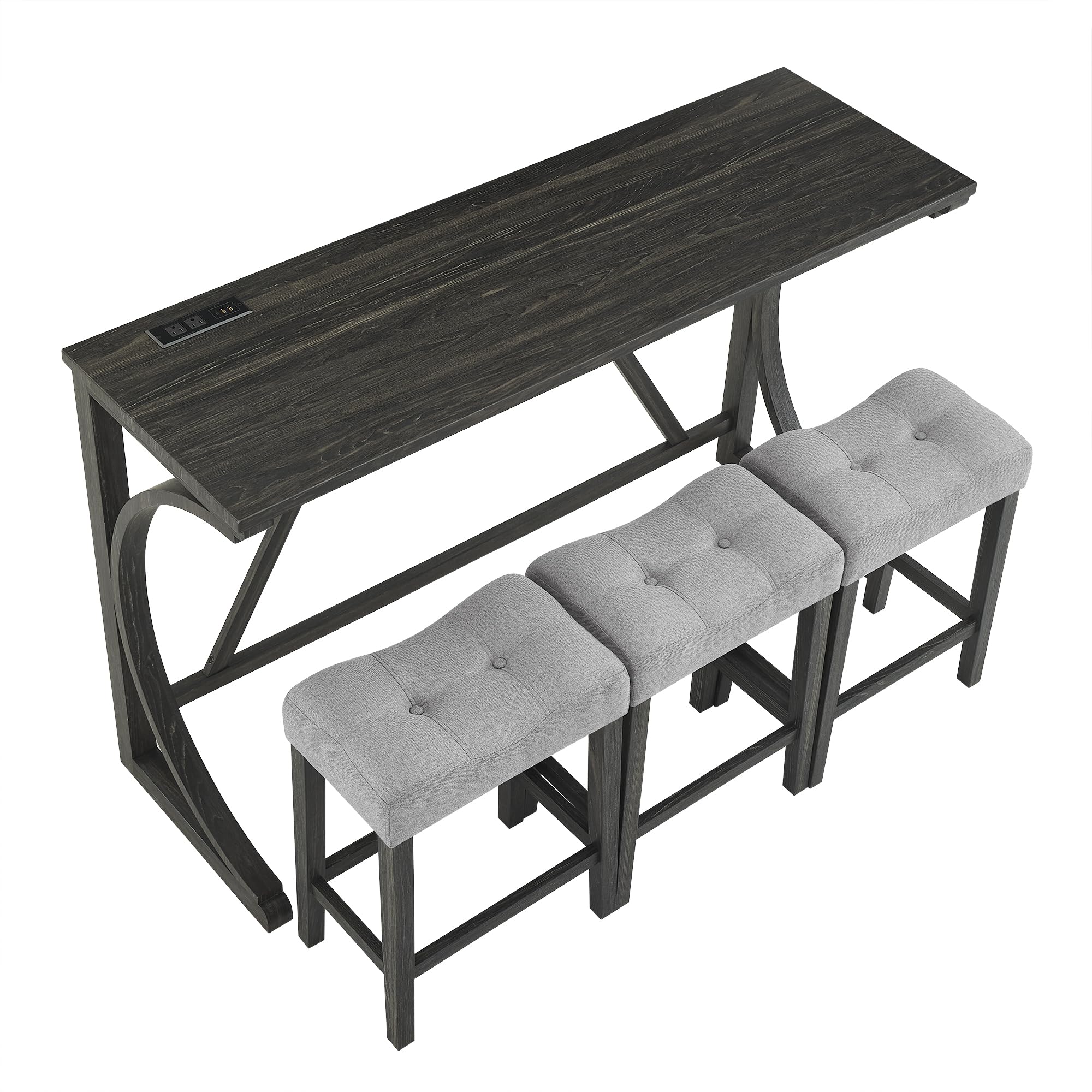 Knocbel Industrial 3-Person Counter Height Bar Table Set with Built-in Power Outlet - 4-Piece Dinette Set with Padded Seat Stools - Compact Space Saving Pub Bistro Dining Furniture for Apartments, Condos & Small Homes (Black) - Perfect for Breakfast Nooks, Kitchen Islands & Entertaining Guests