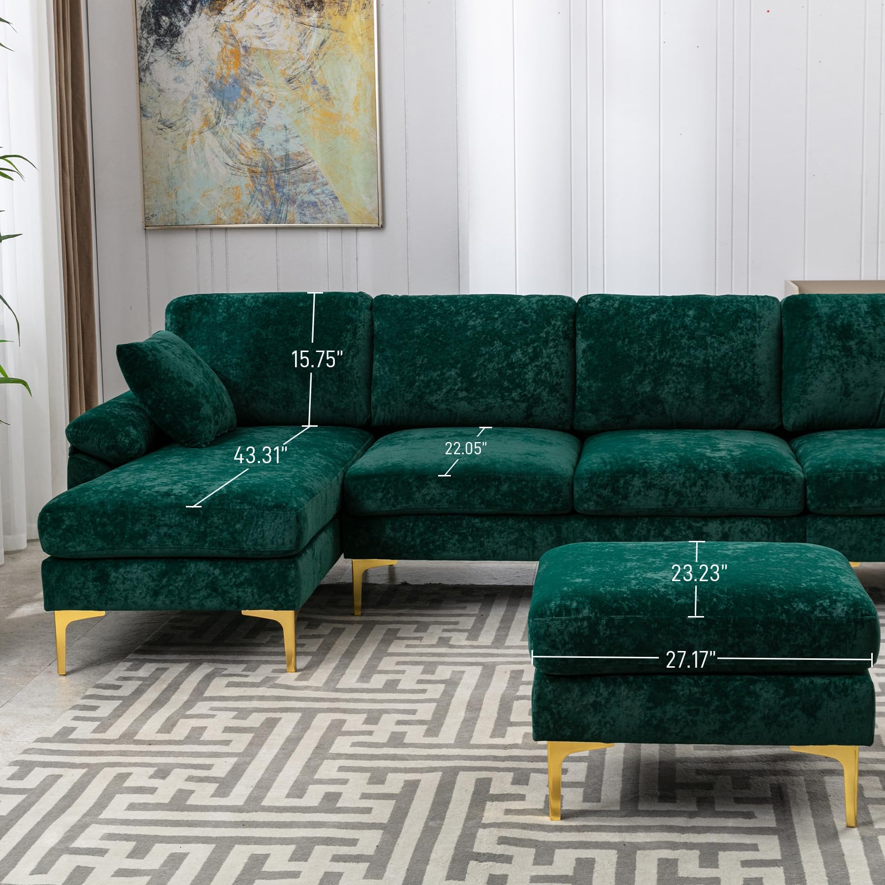 OUYESSIR U-Shaped Sectional Sofa Couch - 4 Seat Convertible L-Shaped Velvet Sofa Set with Chaise Lounge, Ottoman & Throw Pillows (114