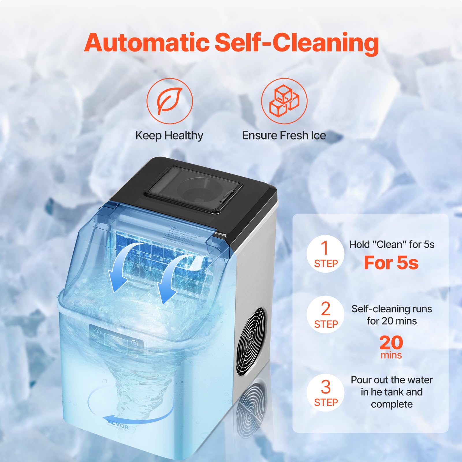 VEVOR Countertop Ice Maker - 24 Cubes in 15 Mins, 45lbs Daily, Self-Cleaning Portable Ice Machine with Scoop & Basket, 3 Ice Cube Sizes for Home, Kitchen, Office, Party & Outdoor Events