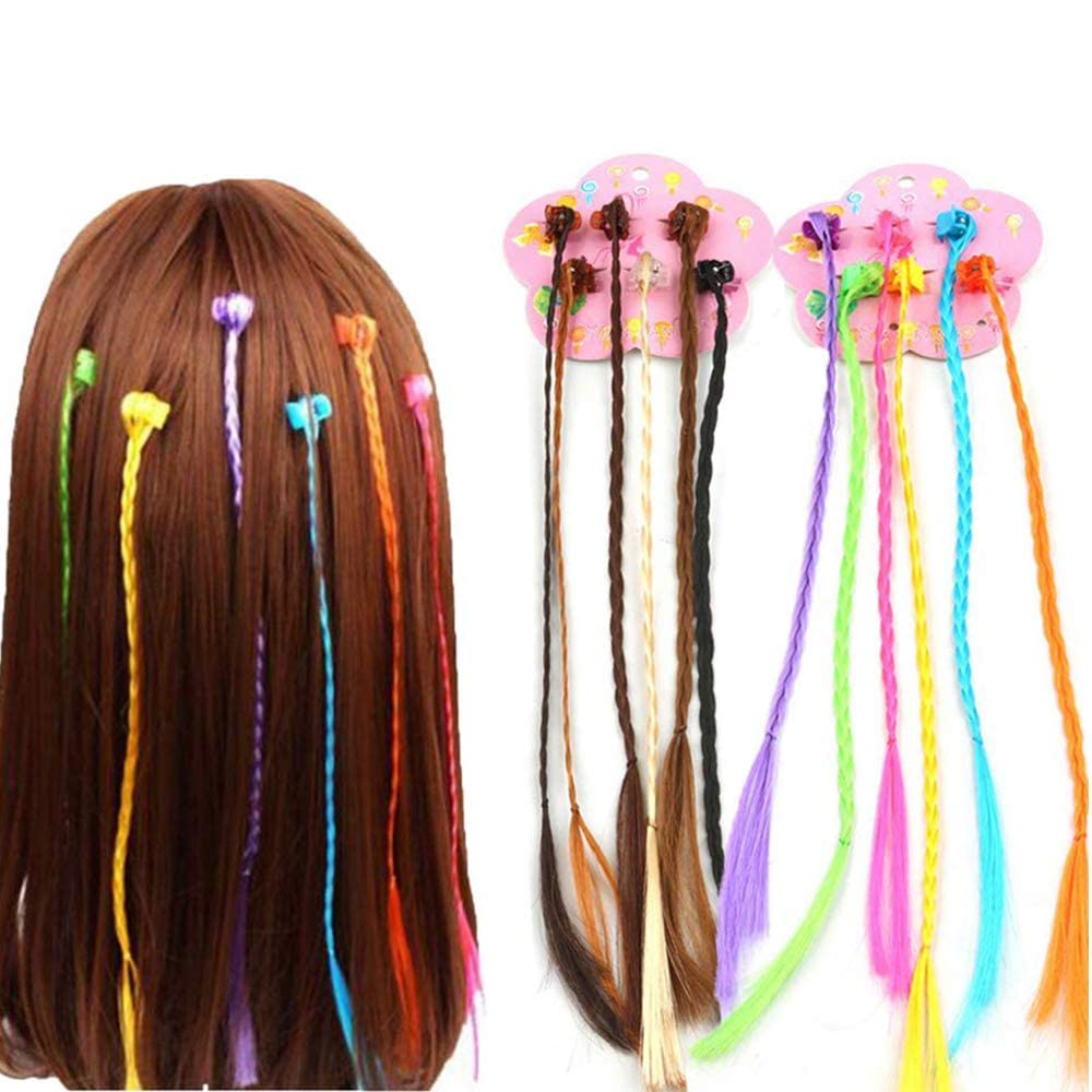 Kids Hair Extensions with Clips - 12 PCS Braided Multi-Colored Straight Wigs for Girls & Women | Shiny Neon Synthetic Hair Extensions for Parties, Cosplay & Daily Styling