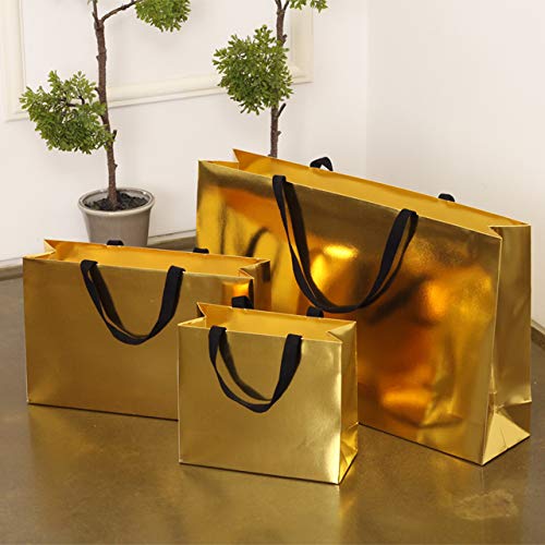 10pcs Large Gold Shiny Gift Bags with Black Cotton Handles - 15.7x5.5x11.8 Inches - Thick & Sturdy for Birthday, Wedding, Christmas & Party Favors