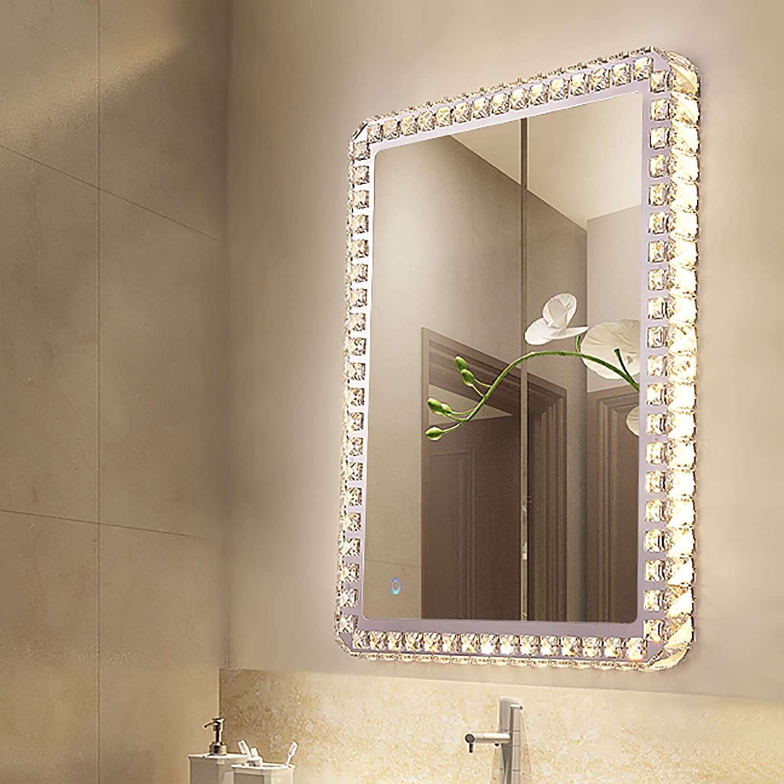 XIAOQIAO LED Bathroom Vanity Mirror with Touch Control - Wall Mounted Makeup Mirror with 3 Color Lighting Modes (Warm/White/Cool), Dimmable Crystal Light for Shaving, Makeup & Skincare Routine