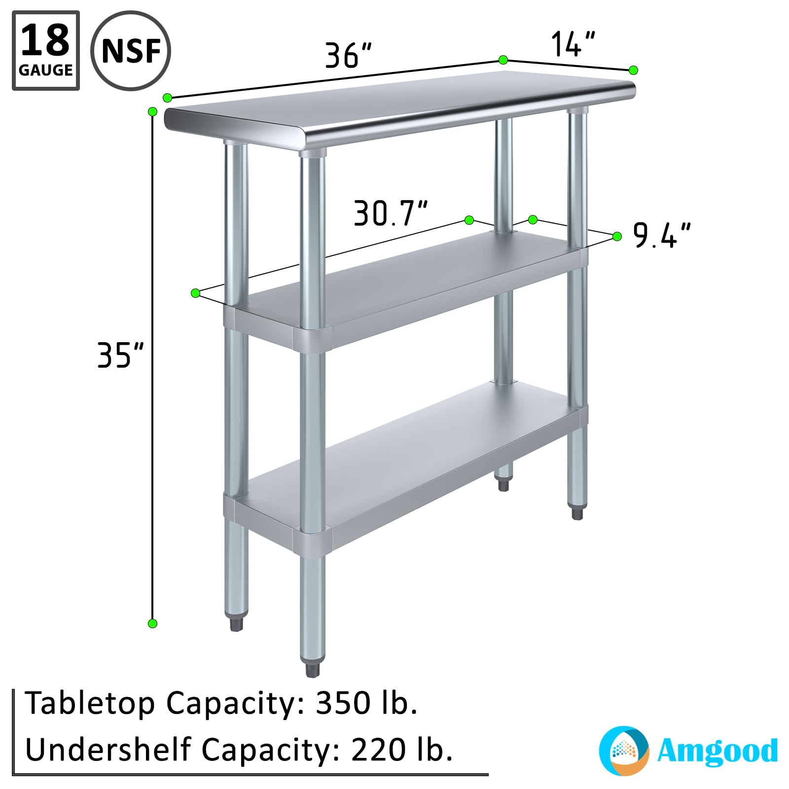 Stainless Steel Work Table with 2 Shelves - Heavy Duty Metal Utility Table for Commercial Kitchen & Home Use | NSF Certified, 36