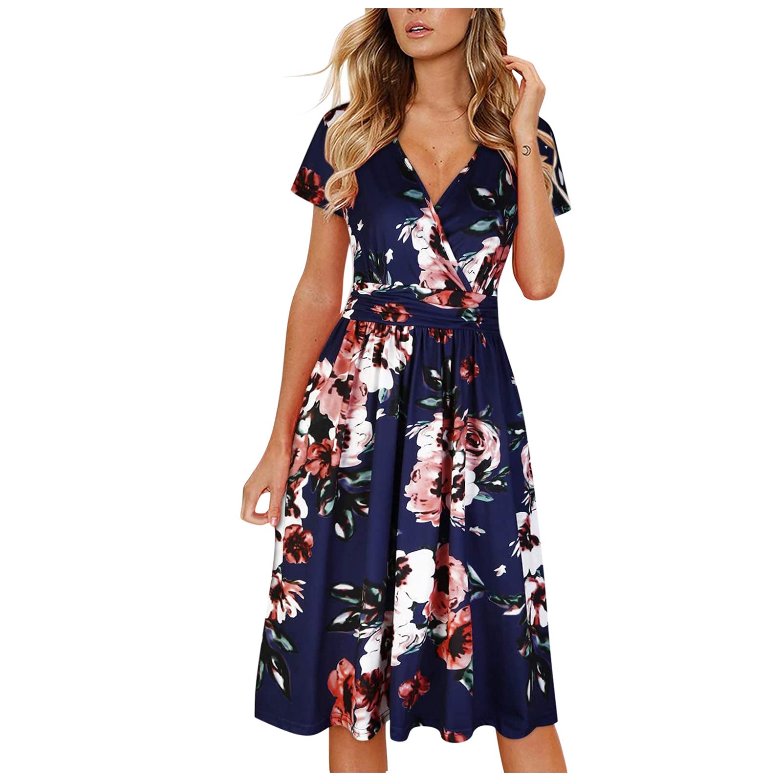 Women's Floral Print Short Sleeve Sundress - High Waist Summer Beach Dress for Casual Wear, Vacation & Outdoor Activities