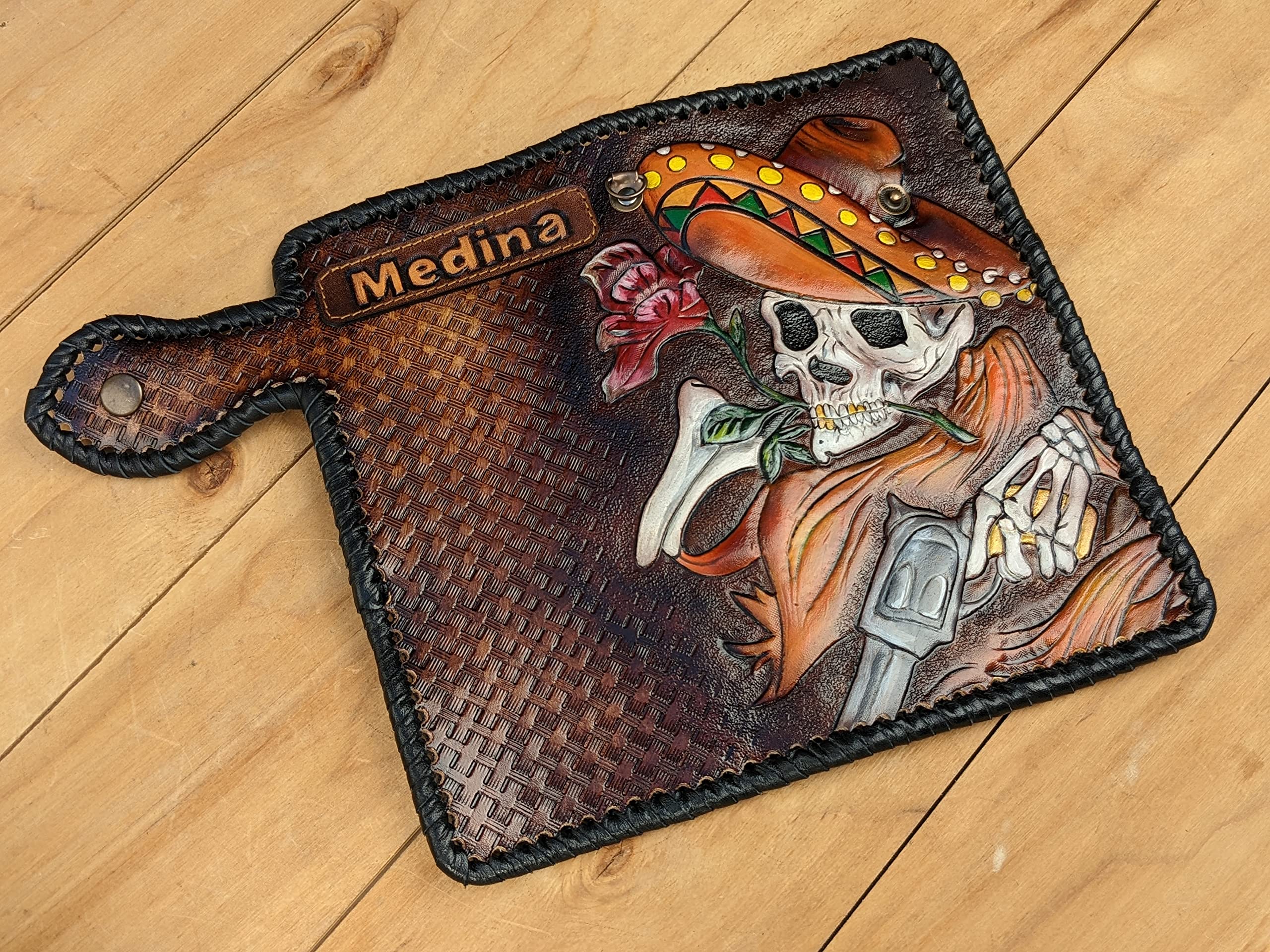 Handmade Mexican Sugar Skull 3D Genuine Leather Wallet for Men - Sombrero & Maracas Design, Long Biker Wallet with Airbrush Art, Custom Personalized Carved Skeleton Wallet - Perfect for Day of the Dead Gifts, Biker Accessories & Unique Fashion Statements