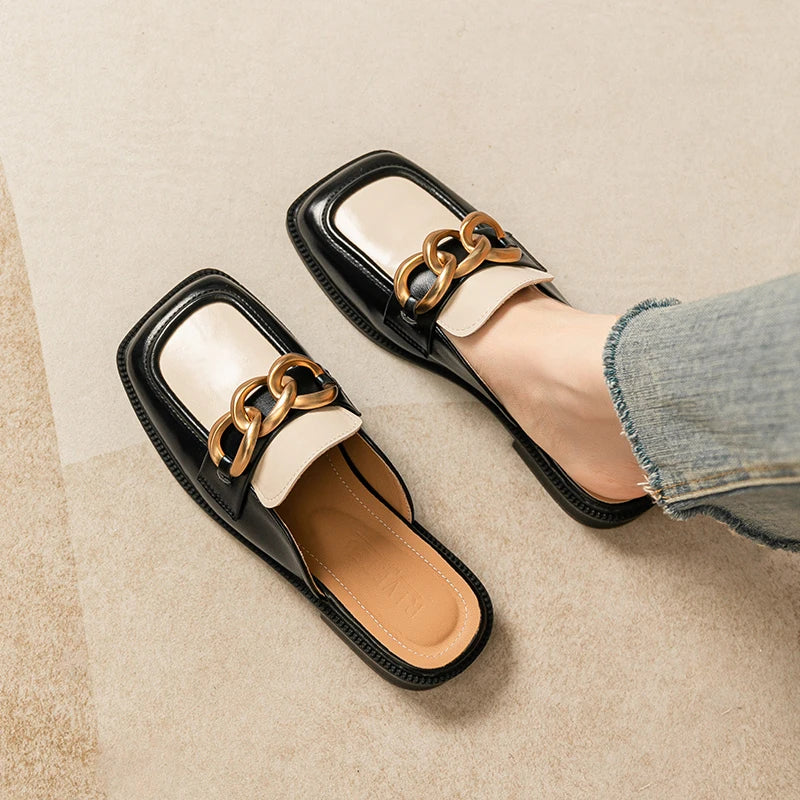 2023 British Style Women's Flat Slippers with Metal Chain Design - Comfortable Casual Mules for Party & Work Wear (Sizes 41-43) | Perfect for Office, Home & Evening Events